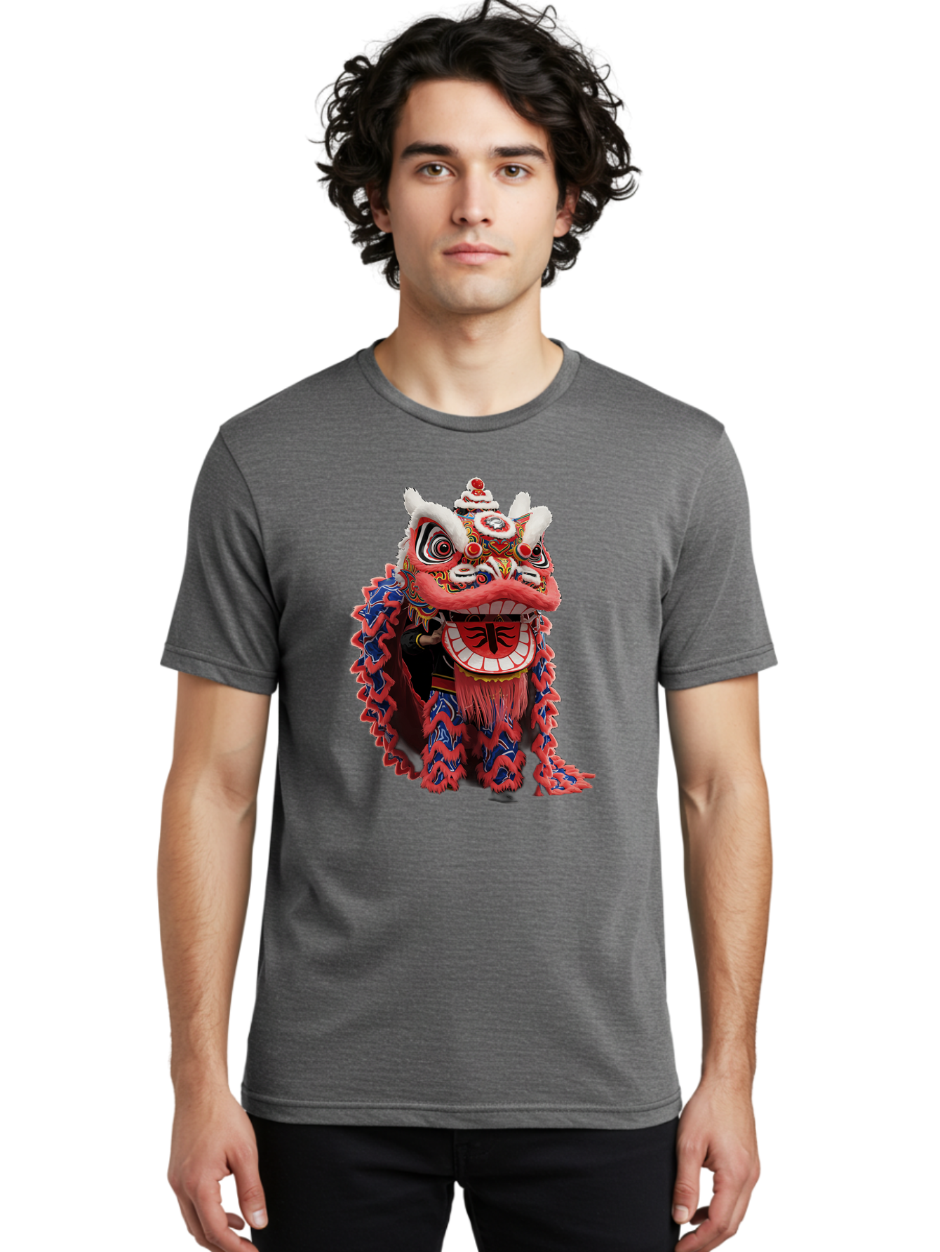Chinese-Lion-Dance-Head Men'S Graphic Tee, 100% Cotton, Comfortable Casual Summer Wear, Machine Washable, Lion Dance Costume, Traditional Chinese Lion, Cultural Heritage, Festive Celebrations, Vibrant Colors, Intricate Designs, Baa295