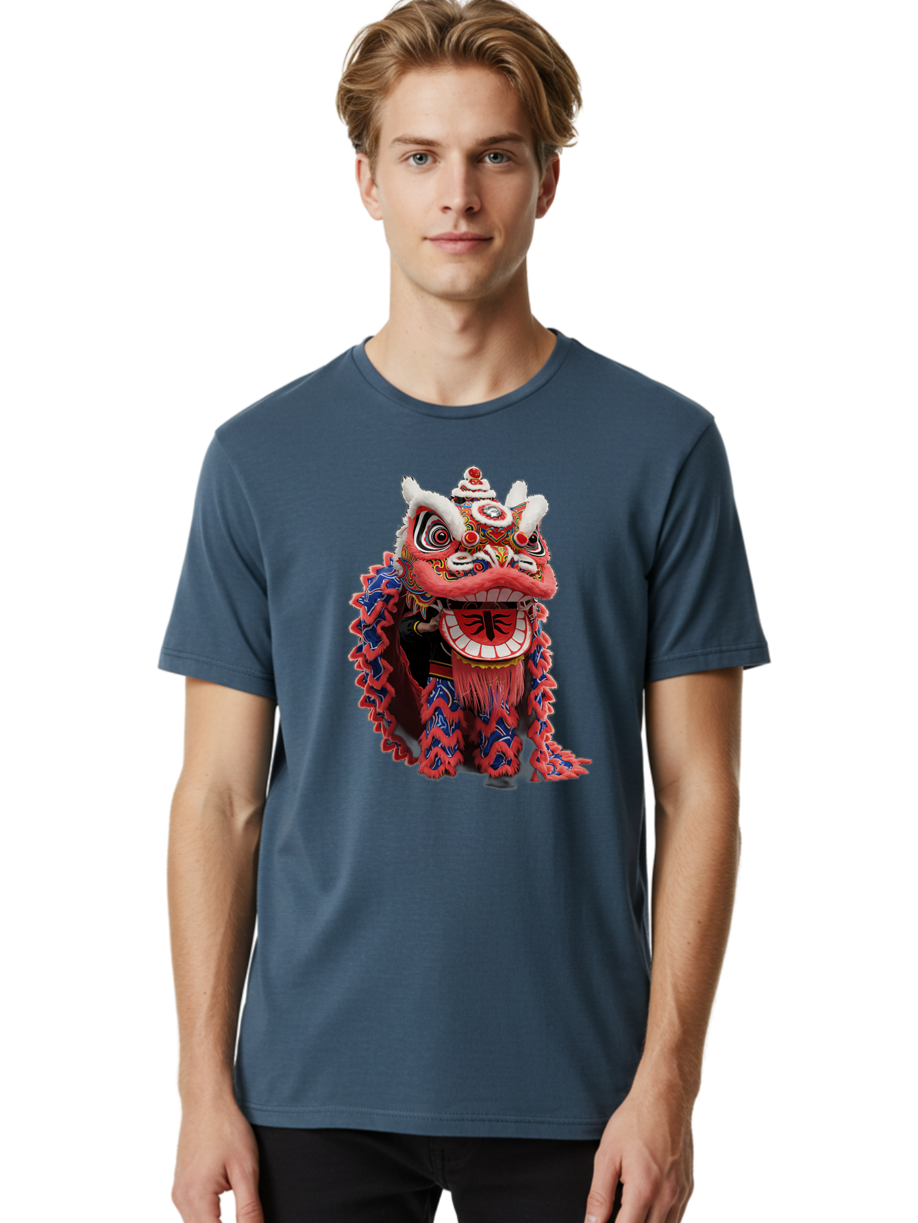 Chinese-Lion-Dance-Head Men'S Graphic Tee, 100% Cotton, Comfortable Casual Summer Wear, Machine Washable, Lion Dance Costume, Traditional Chinese Lion, Cultural Heritage, Festive Celebrations, Vibrant Colors, Intricate Designs, Baa295