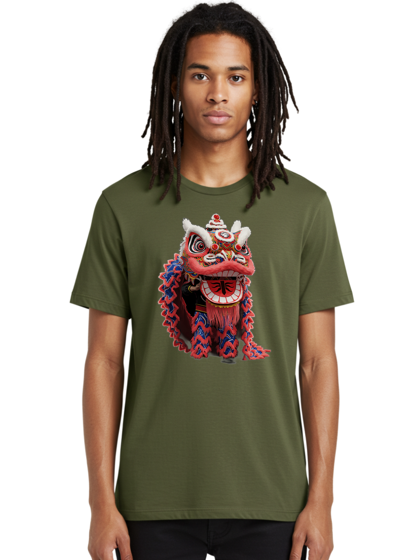 Chinese-Lion-Dance-Head Men'S Graphic Tee, 100% Cotton, Comfortable Casual Summer Wear, Machine Washable, Lion Dance Costume, Traditional Chinese Lion, Cultural Heritage, Festive Celebrations, Vibrant Colors, Intricate Designs, Baa295