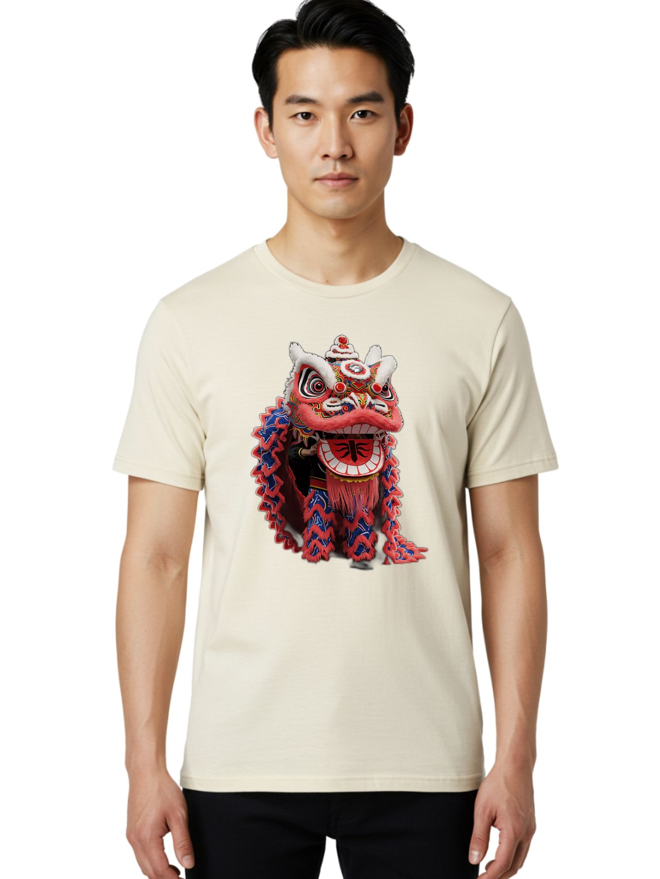 Chinese-Lion-Dance-Head Men'S Graphic Tee, 100% Cotton, Comfortable Casual Summer Wear, Machine Washable, Lion Dance Costume, Traditional Chinese Lion, Cultural Heritage, Festive Celebrations, Vibrant Colors, Intricate Designs, Baa295