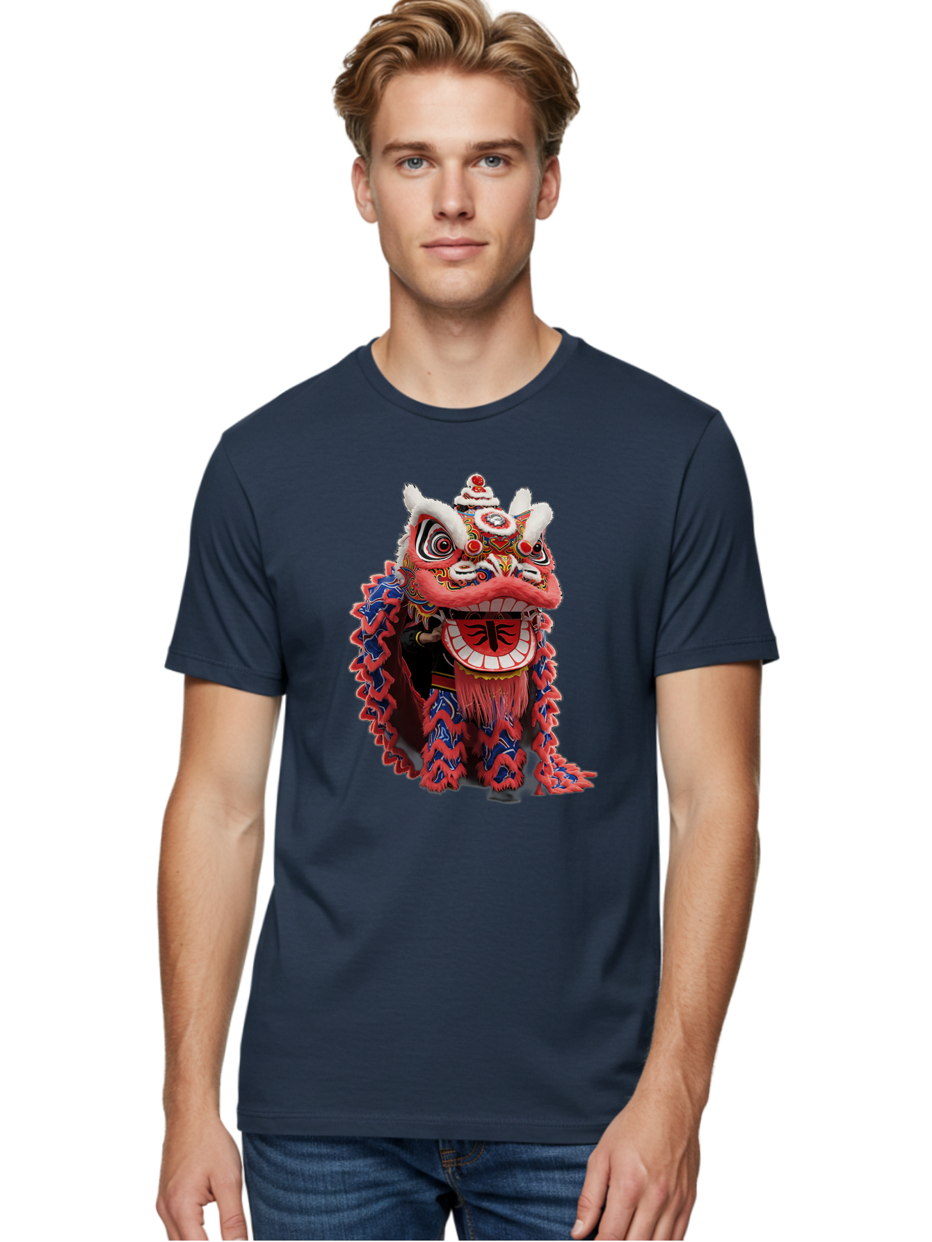 Chinese-Lion-Dance-Head Men'S Graphic Tee, 100% Cotton, Comfortable Casual Summer Wear, Machine Washable, Lion Dance Costume, Traditional Chinese Lion, Cultural Heritage, Festive Celebrations, Vibrant Colors, Intricate Designs, Baa295