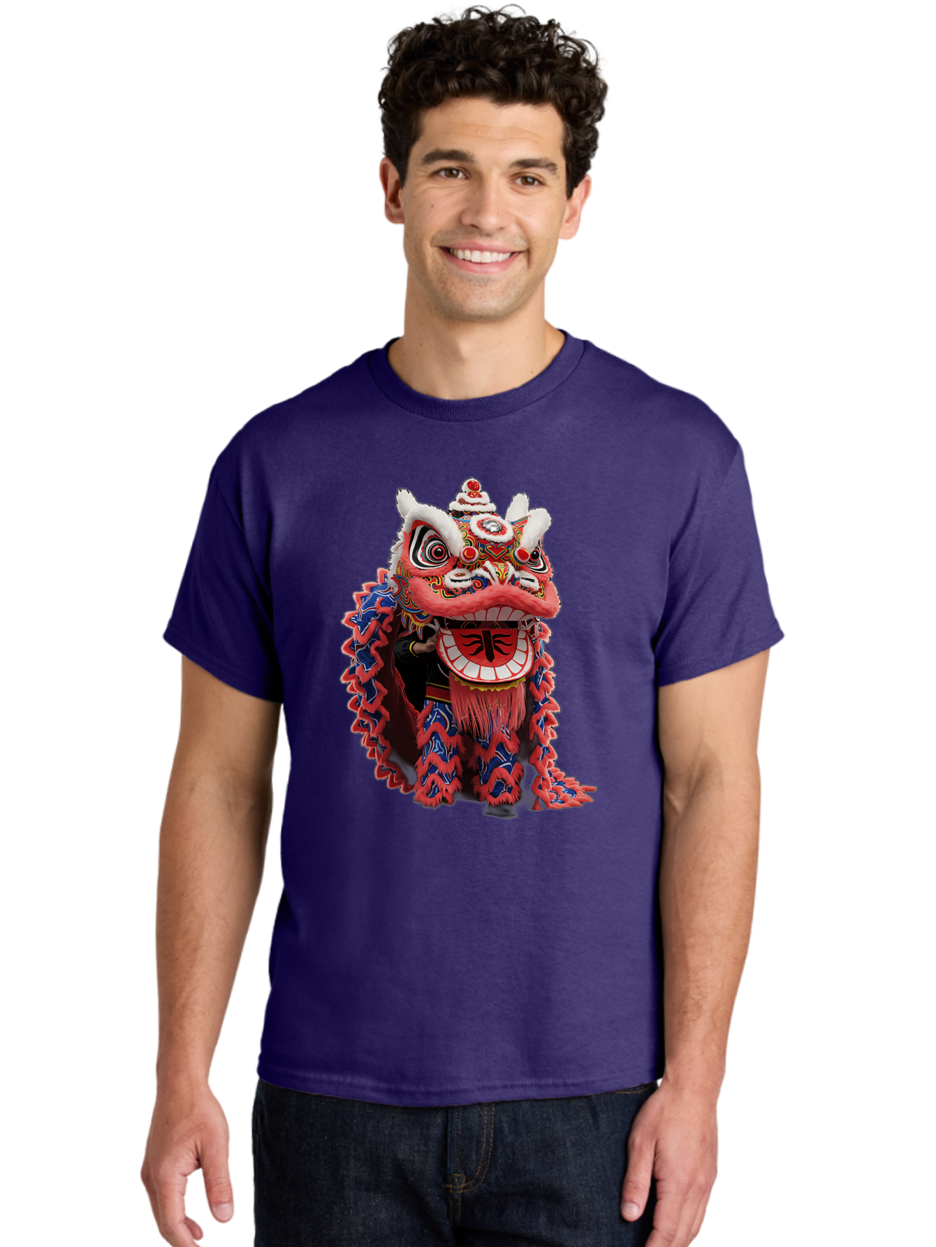 Chinese-Lion-Dance-Head Men'S Graphic Tee, 100% Cotton, Comfortable Casual Summer Wear, Machine Washable, Lion Dance Costume, Traditional Chinese Lion, Cultural Heritage, Festive Celebrations, Vibrant Colors, Intricate Designs, Baa295