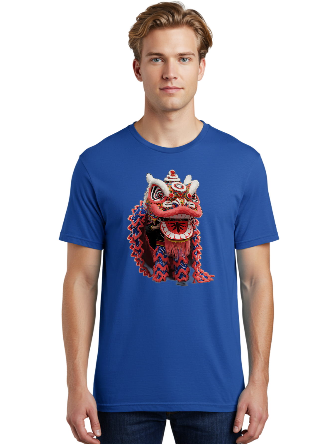 Chinese-Lion-Dance-Head Men'S Graphic Tee, 100% Cotton, Comfortable Casual Summer Wear, Machine Washable, Lion Dance Costume, Traditional Chinese Lion, Cultural Heritage, Festive Celebrations, Vibrant Colors, Intricate Designs, Baa295