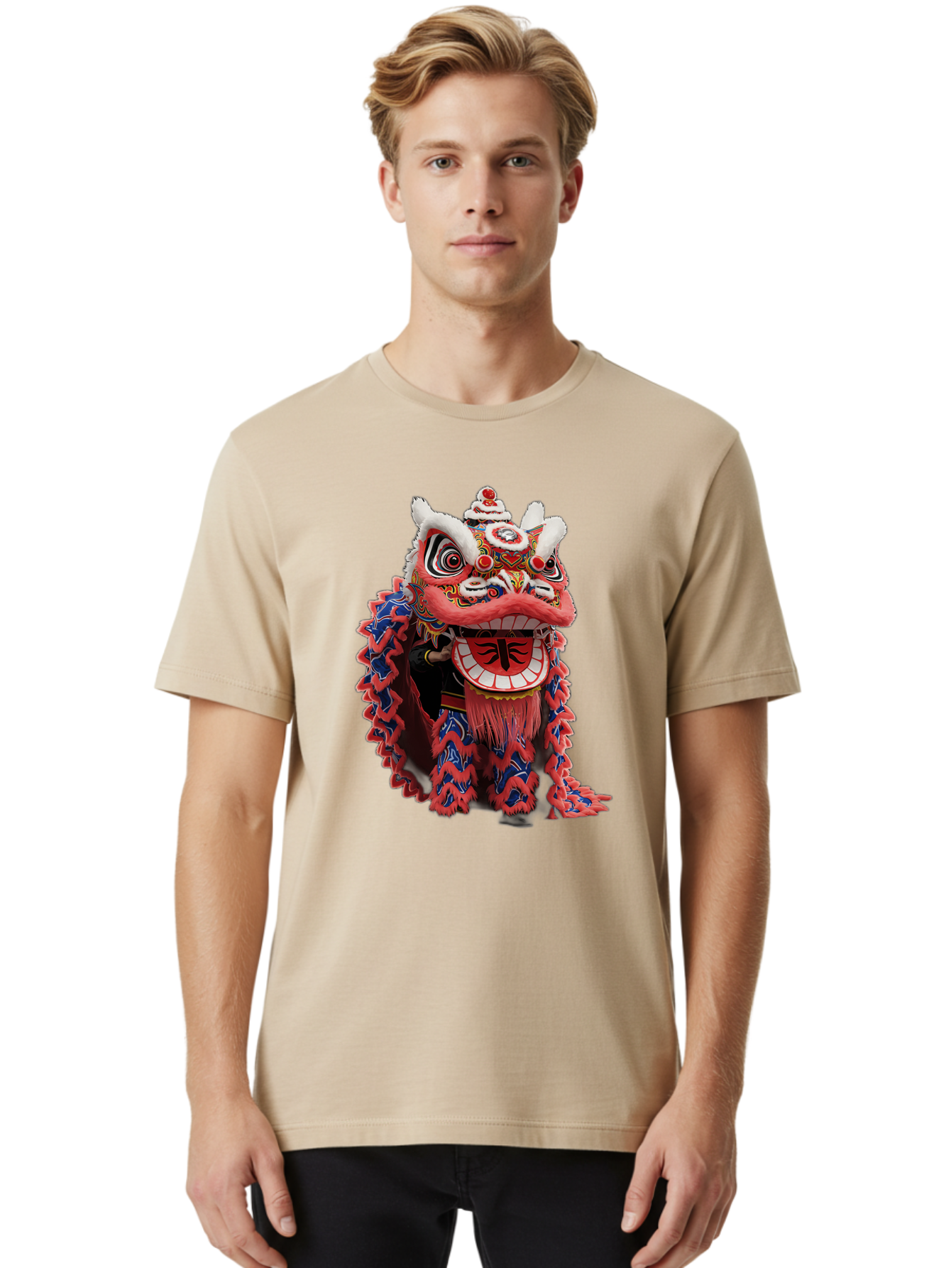 Chinese-Lion-Dance-Head Men'S Graphic Tee, 100% Cotton, Comfortable Casual Summer Wear, Machine Washable, Lion Dance Costume, Traditional Chinese Lion, Cultural Heritage, Festive Celebrations, Vibrant Colors, Intricate Designs, Baa295