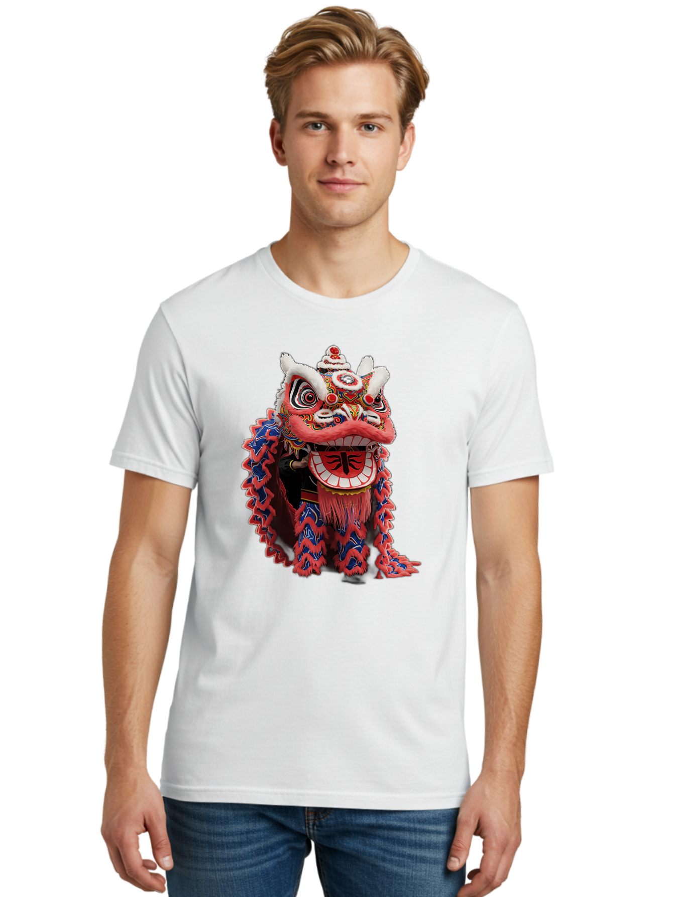 Chinese-Lion-Dance-Head Men'S Graphic Tee, 100% Cotton, Comfortable Casual Summer Wear, Machine Washable, Lion Dance Costume, Traditional Chinese Lion, Cultural Heritage, Festive Celebrations, Vibrant Colors, Intricate Designs, Baa295