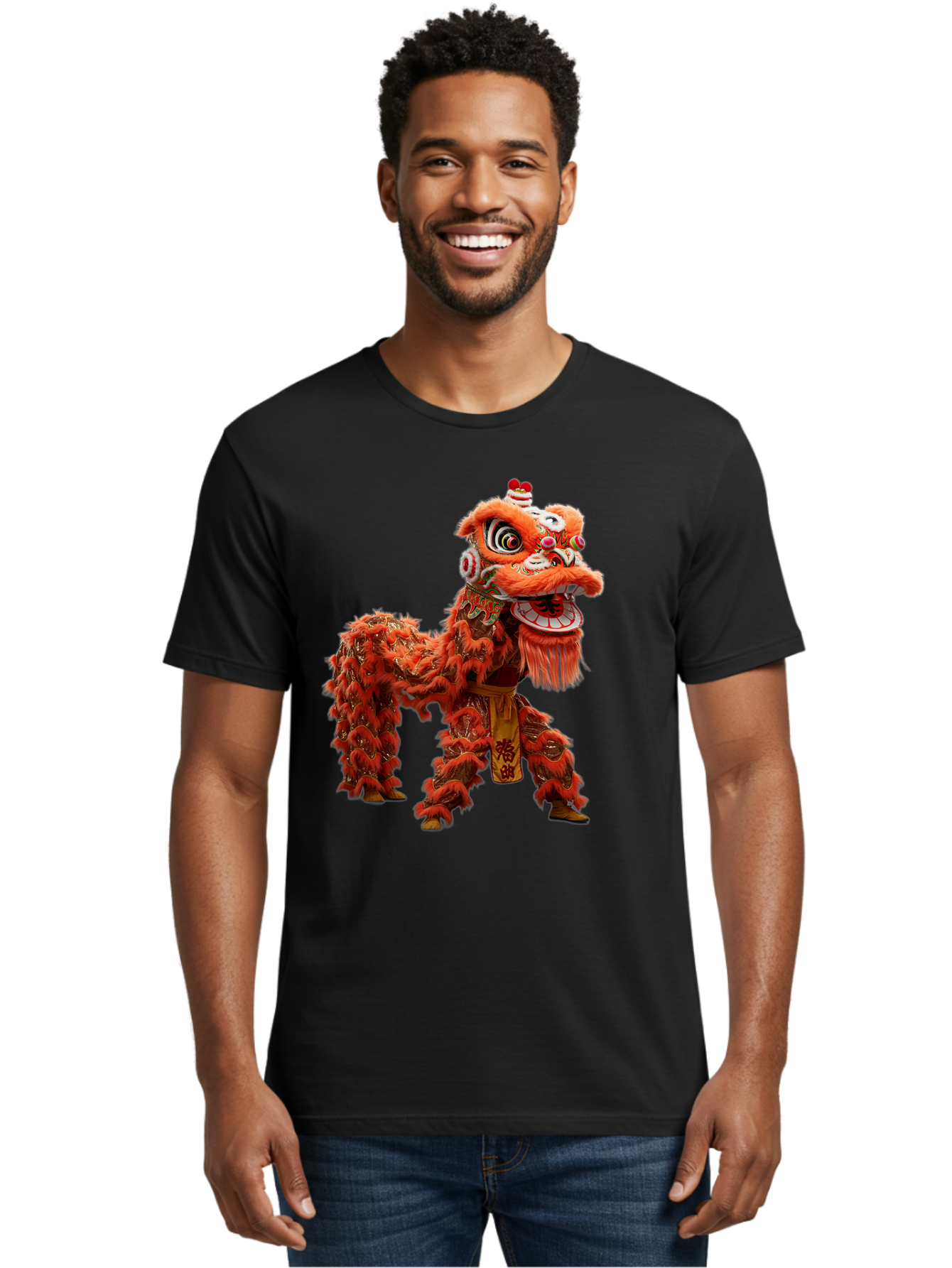 Chinese-Lion-Dance Men'S Graphic Tee, 100% Cotton, Comfortable Casual Summer Wear, Machine Washable, Lion Dance Costume, Traditional Chinese Dance, Cultural Heritage, Vibrant Orange, Festive Atmosphere, Intricate Designs, Mythical Creature, Baa296