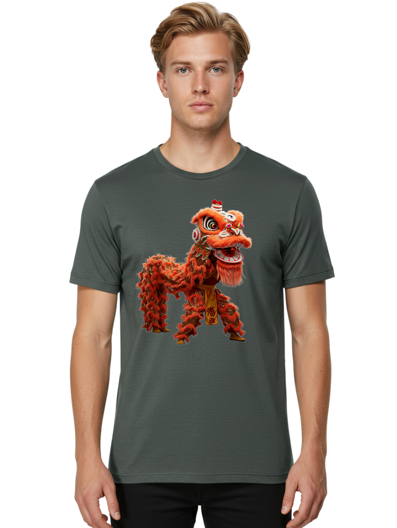 Chinese-Lion-Dance Men'S Graphic Tee, 100% Cotton, Comfortable Casual Summer Wear, Machine Washable, Lion Dance Costume, Traditional Chinese Dance, Cultural Heritage, Vibrant Orange, Festive Atmosphere, Intricate Designs, Mythical Creature, Baa296