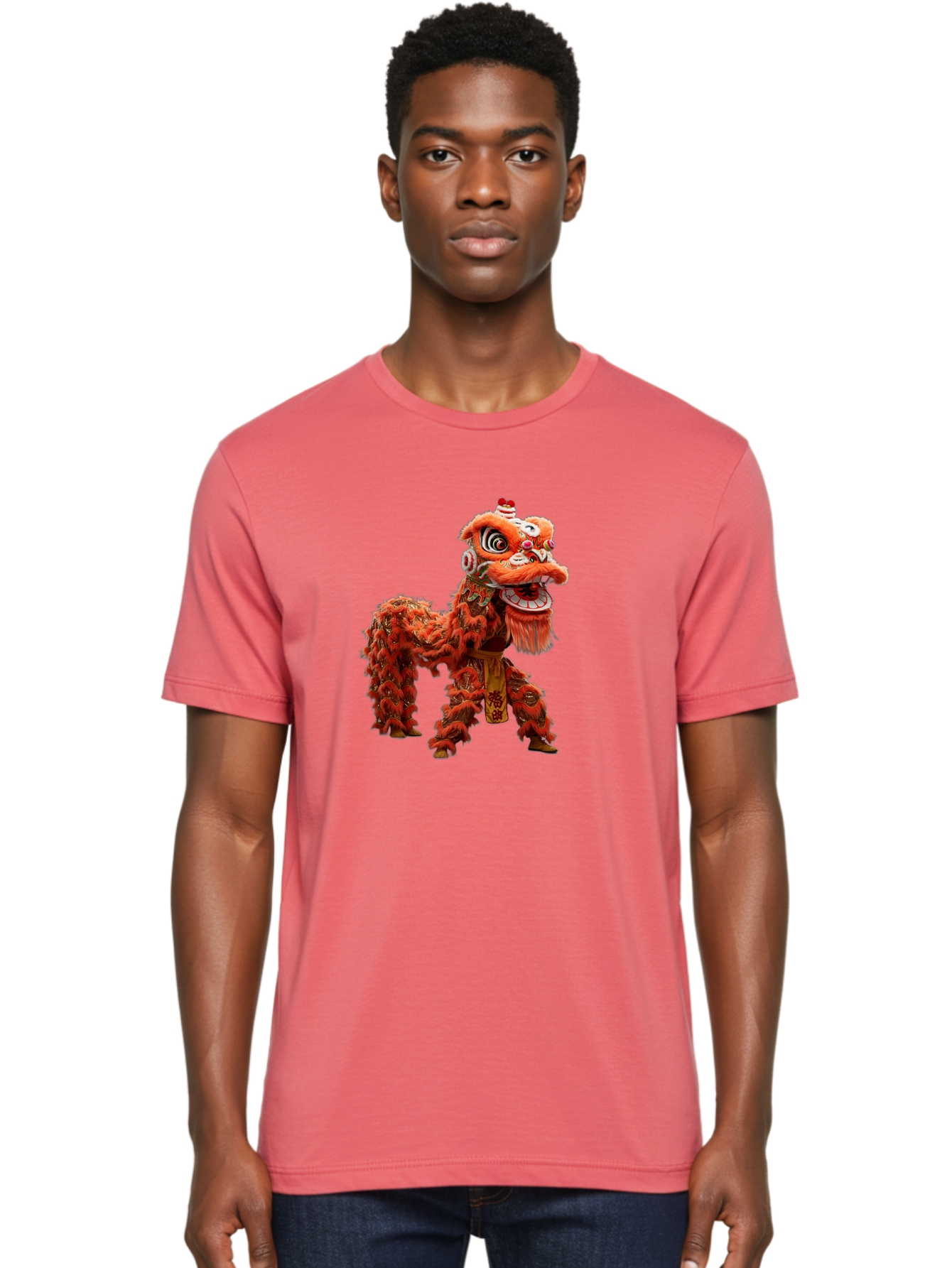 Chinese-Lion-Dance Men'S Graphic Tee, 100% Cotton, Comfortable Casual Summer Wear, Machine Washable, Lion Dance Costume, Traditional Chinese Dance, Cultural Heritage, Vibrant Orange, Festive Atmosphere, Intricate Designs, Mythical Creature, Baa296