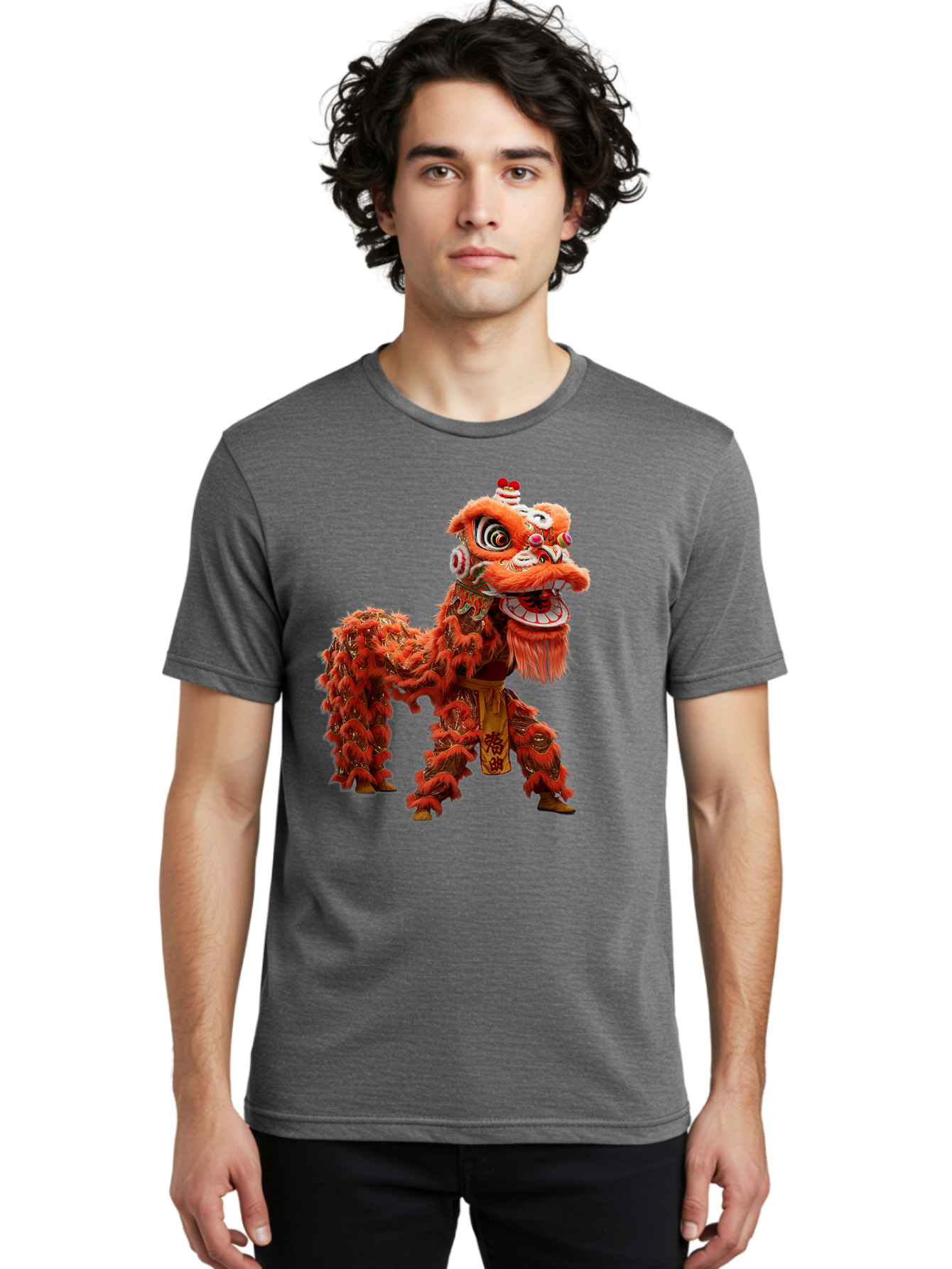 Chinese-Lion-Dance Men'S Graphic Tee, 100% Cotton, Comfortable Casual Summer Wear, Machine Washable, Lion Dance Costume, Traditional Chinese Dance, Cultural Heritage, Vibrant Orange, Festive Atmosphere, Intricate Designs, Mythical Creature, Baa296