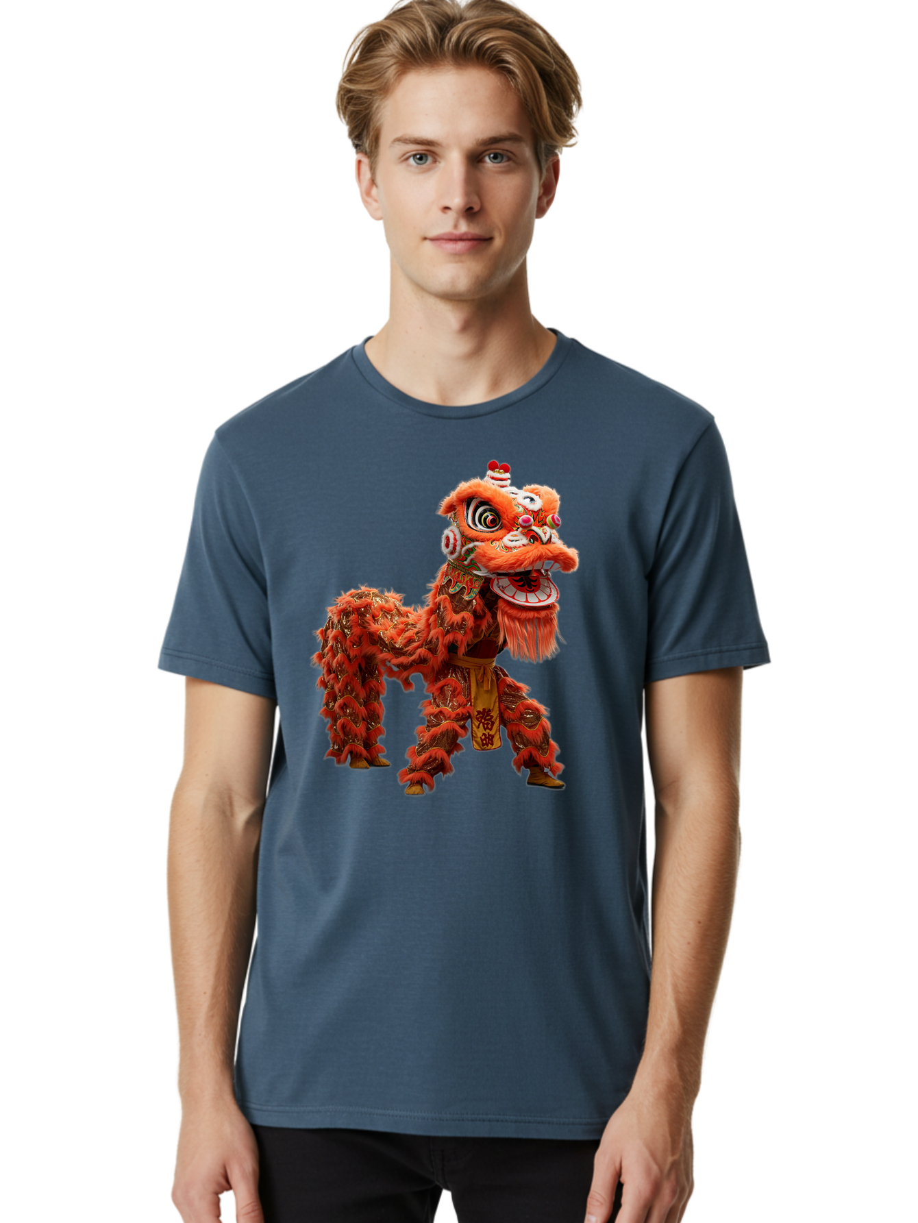 Chinese-Lion-Dance Men'S Graphic Tee, 100% Cotton, Comfortable Casual Summer Wear, Machine Washable, Lion Dance Costume, Traditional Chinese Dance, Cultural Heritage, Vibrant Orange, Festive Atmosphere, Intricate Designs, Mythical Creature, Baa296