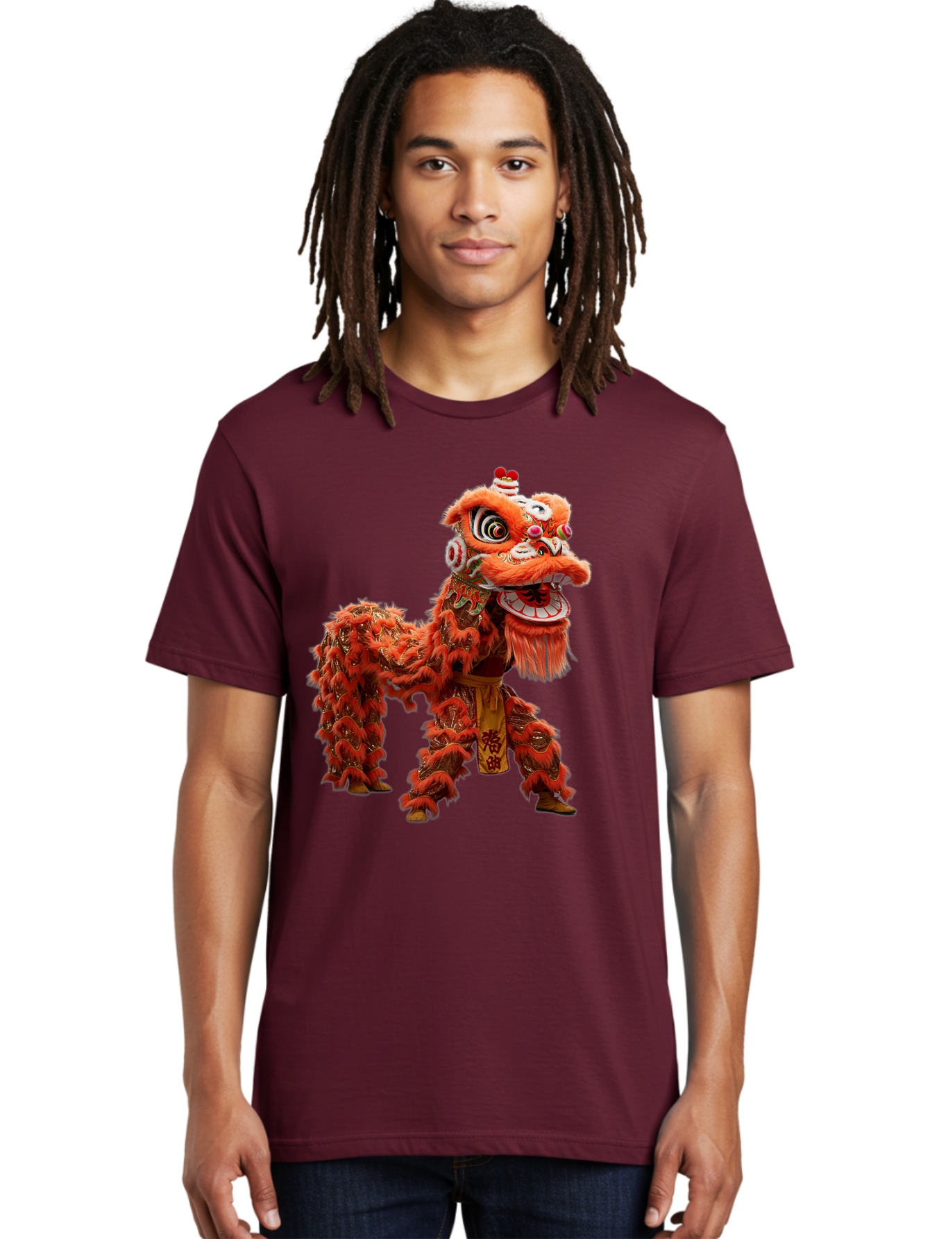 Chinese-Lion-Dance Men'S Graphic Tee, 100% Cotton, Comfortable Casual Summer Wear, Machine Washable, Lion Dance Costume, Traditional Chinese Dance, Cultural Heritage, Vibrant Orange, Festive Atmosphere, Intricate Designs, Mythical Creature, Baa296