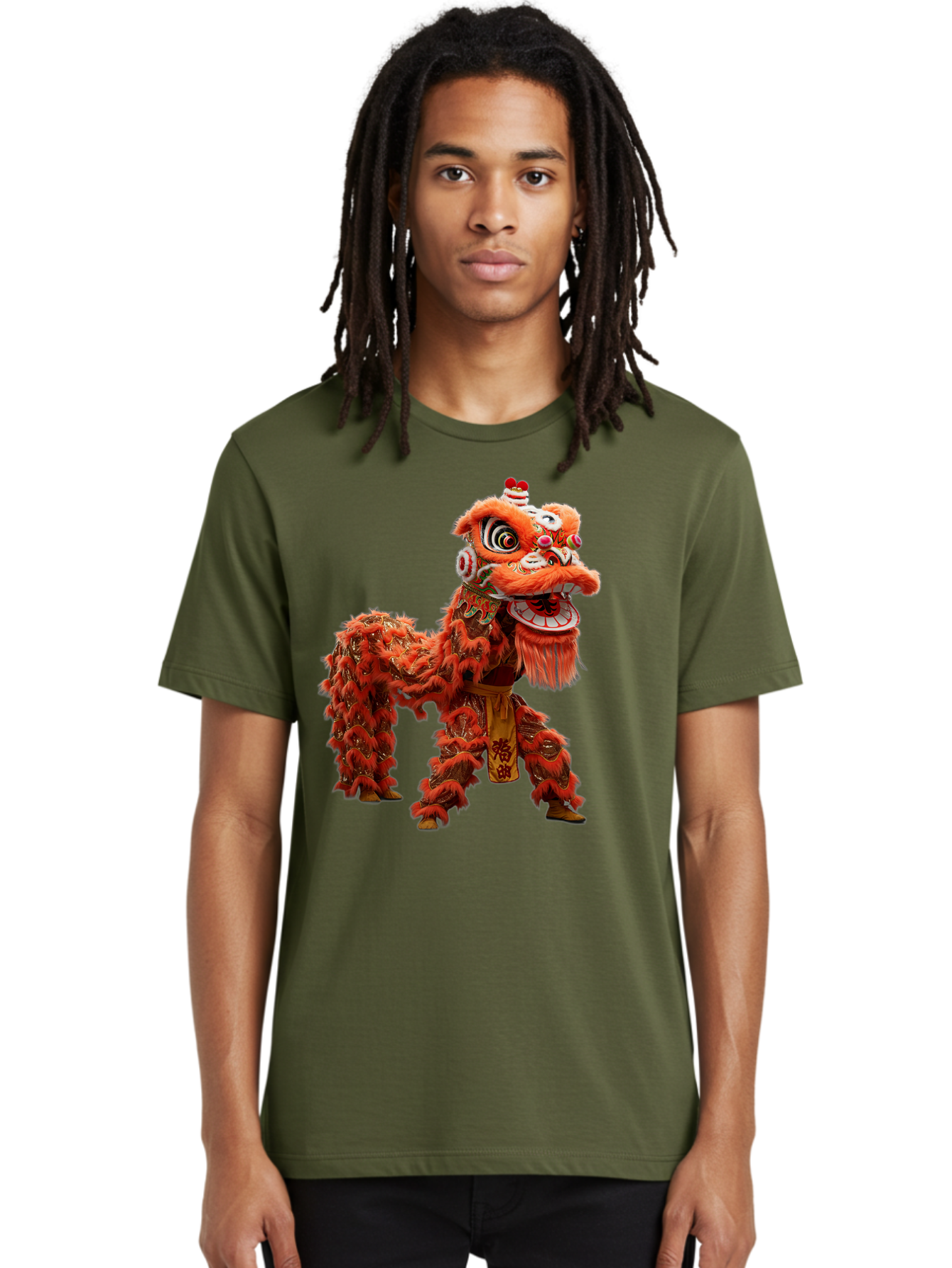 Chinese-Lion-Dance Men'S Graphic Tee, 100% Cotton, Comfortable Casual Summer Wear, Machine Washable, Lion Dance Costume, Traditional Chinese Dance, Cultural Heritage, Vibrant Orange, Festive Atmosphere, Intricate Designs, Mythical Creature, Baa296