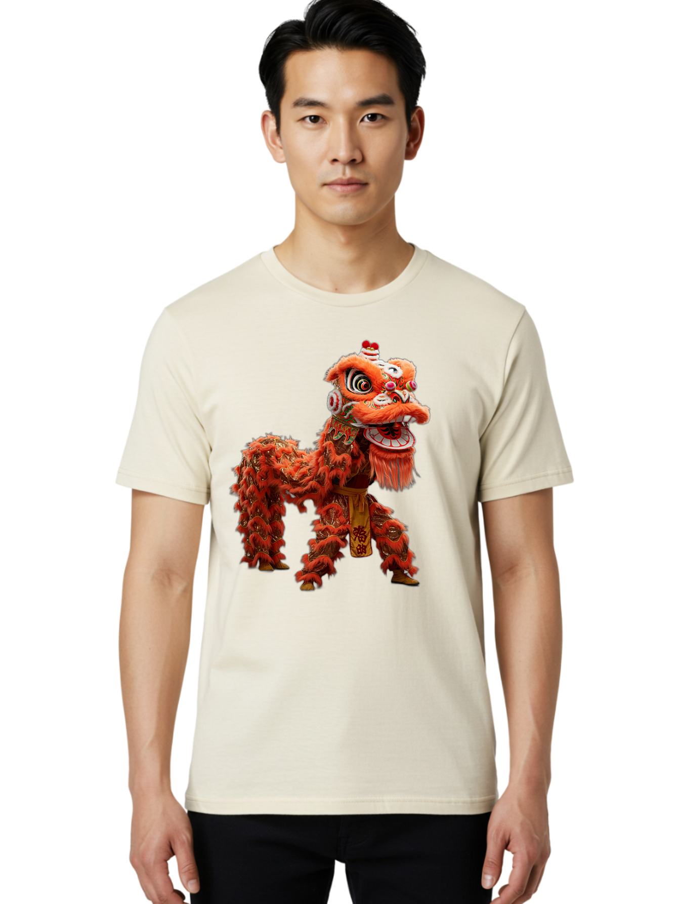 Chinese-Lion-Dance Men'S Graphic Tee, 100% Cotton, Comfortable Casual Summer Wear, Machine Washable, Lion Dance Costume, Traditional Chinese Dance, Cultural Heritage, Vibrant Orange, Festive Atmosphere, Intricate Designs, Mythical Creature, Baa296