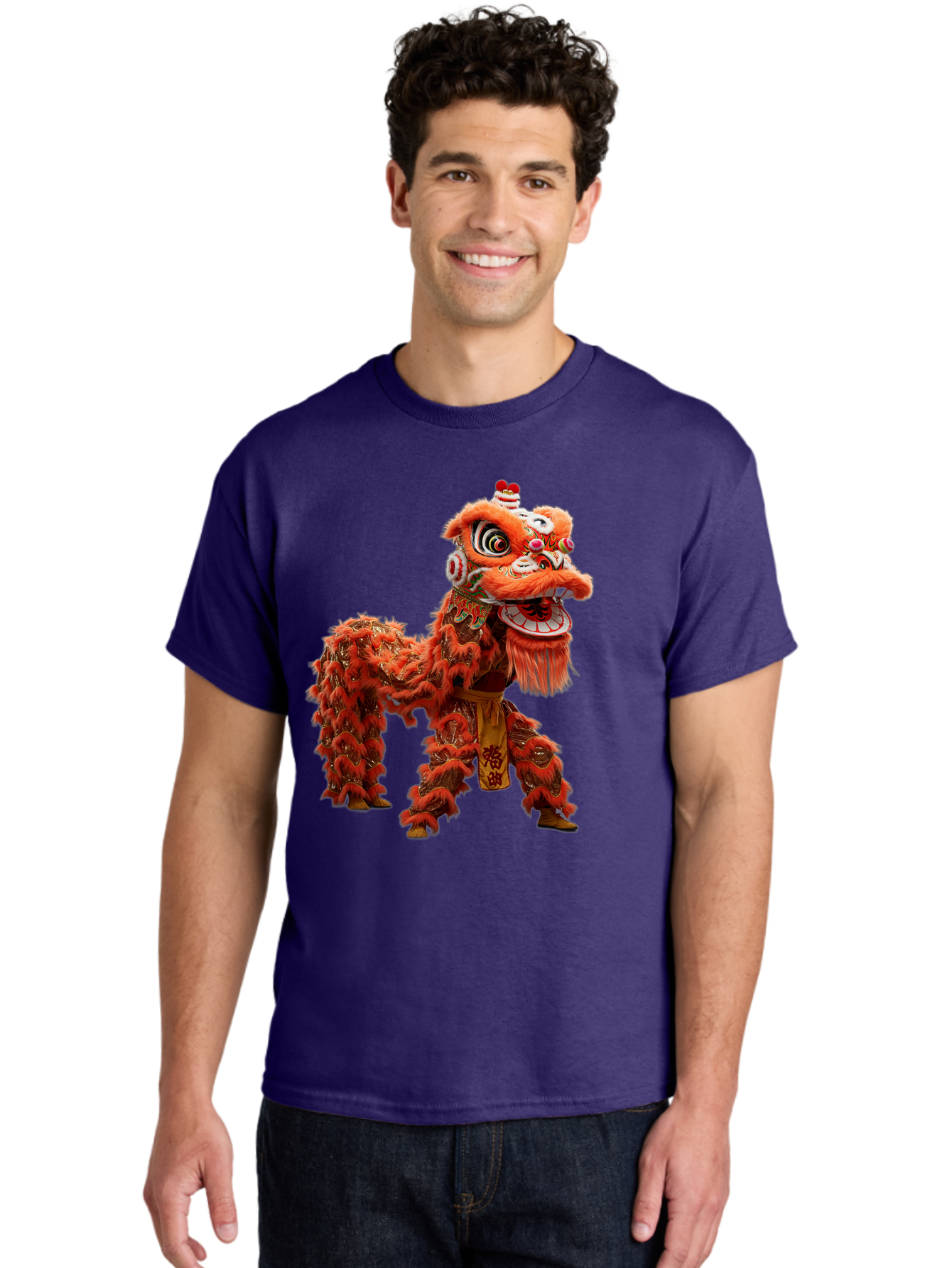 Chinese-Lion-Dance Men'S Graphic Tee, 100% Cotton, Comfortable Casual Summer Wear, Machine Washable, Lion Dance Costume, Traditional Chinese Dance, Cultural Heritage, Vibrant Orange, Festive Atmosphere, Intricate Designs, Mythical Creature, Baa296