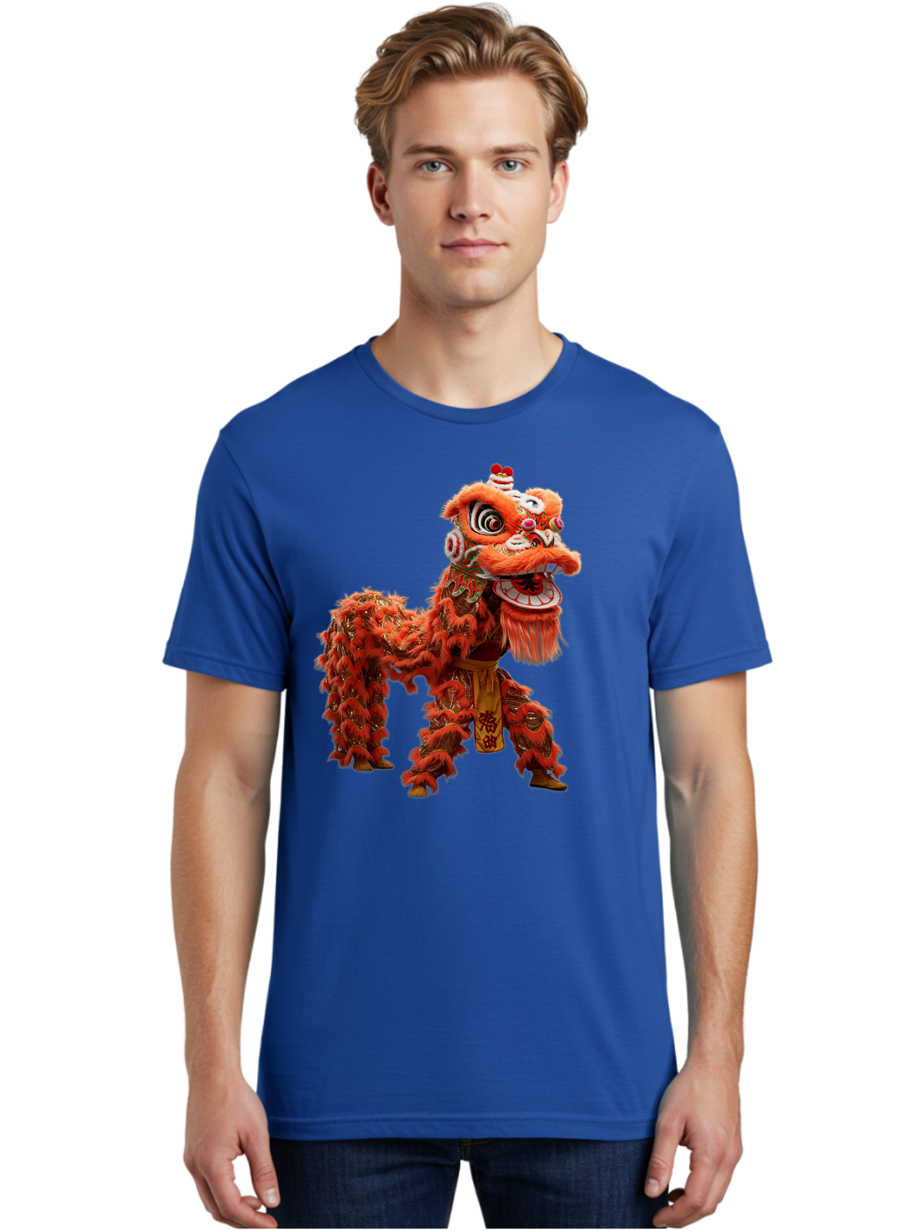 Chinese-Lion-Dance Men'S Graphic Tee, 100% Cotton, Comfortable Casual Summer Wear, Machine Washable, Lion Dance Costume, Traditional Chinese Dance, Cultural Heritage, Vibrant Orange, Festive Atmosphere, Intricate Designs, Mythical Creature, Baa296