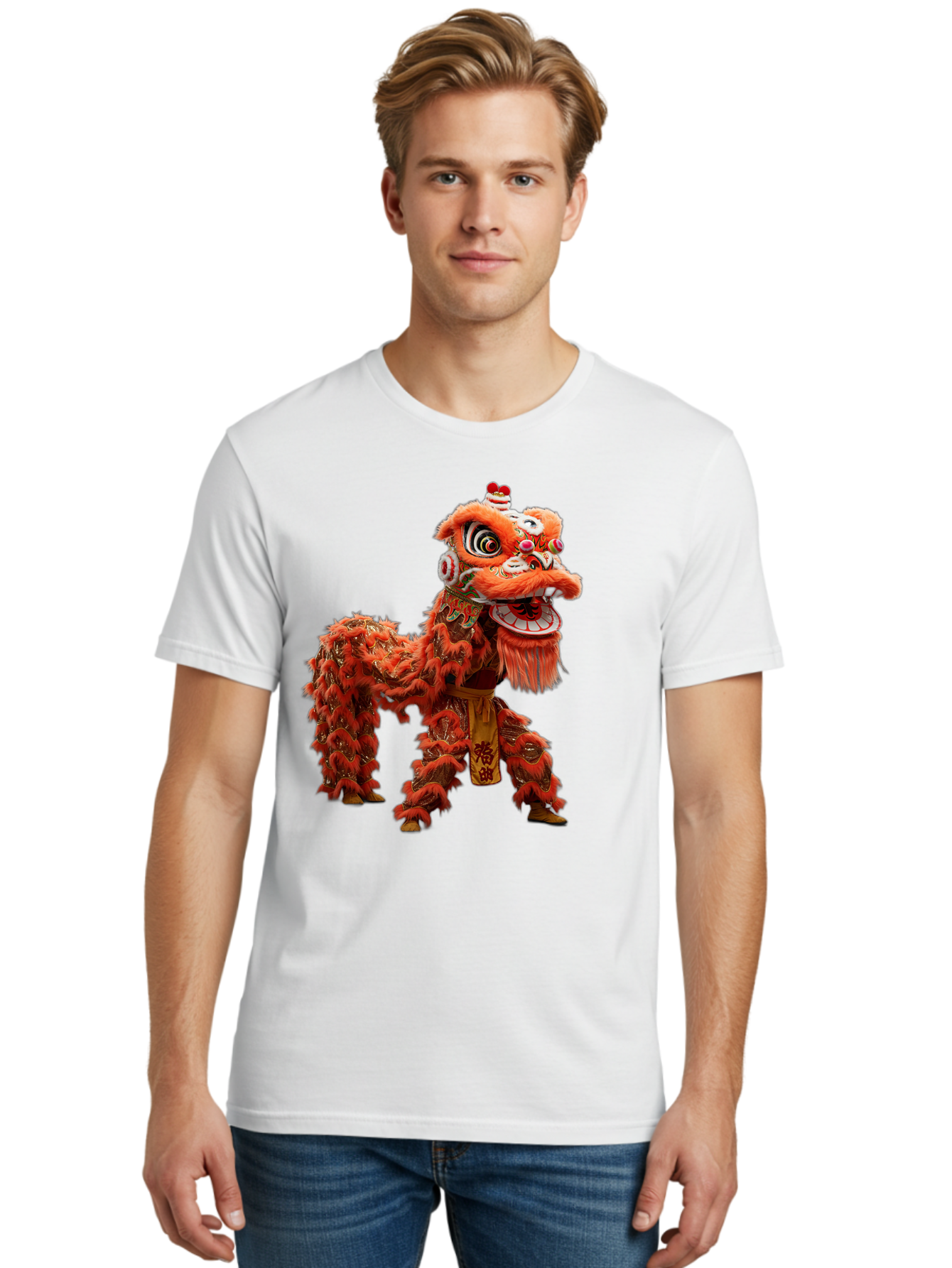 Chinese-Lion-Dance Men'S Graphic Tee, 100% Cotton, Comfortable Casual Summer Wear, Machine Washable, Lion Dance Costume, Traditional Chinese Dance, Cultural Heritage, Vibrant Orange, Festive Atmosphere, Intricate Designs, Mythical Creature, Baa296