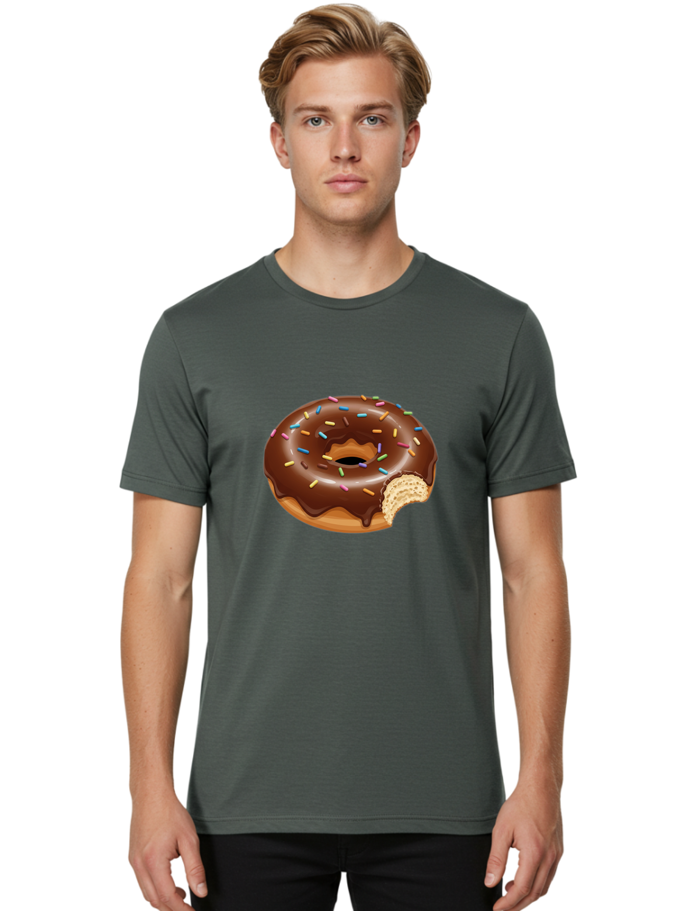 Chocolate-Donut-1 Men'S Graphic Tee, 100% Cotton, Comfortable Casual Summer Wear, Machine Washable, Chocolate Donut, Donut With Sprinkles, Bitten Donut, Sweet Treat, Dessert, Baked Goods, Colorful Sprinkles, Tasty Pastry, Delicious Donut Baa300