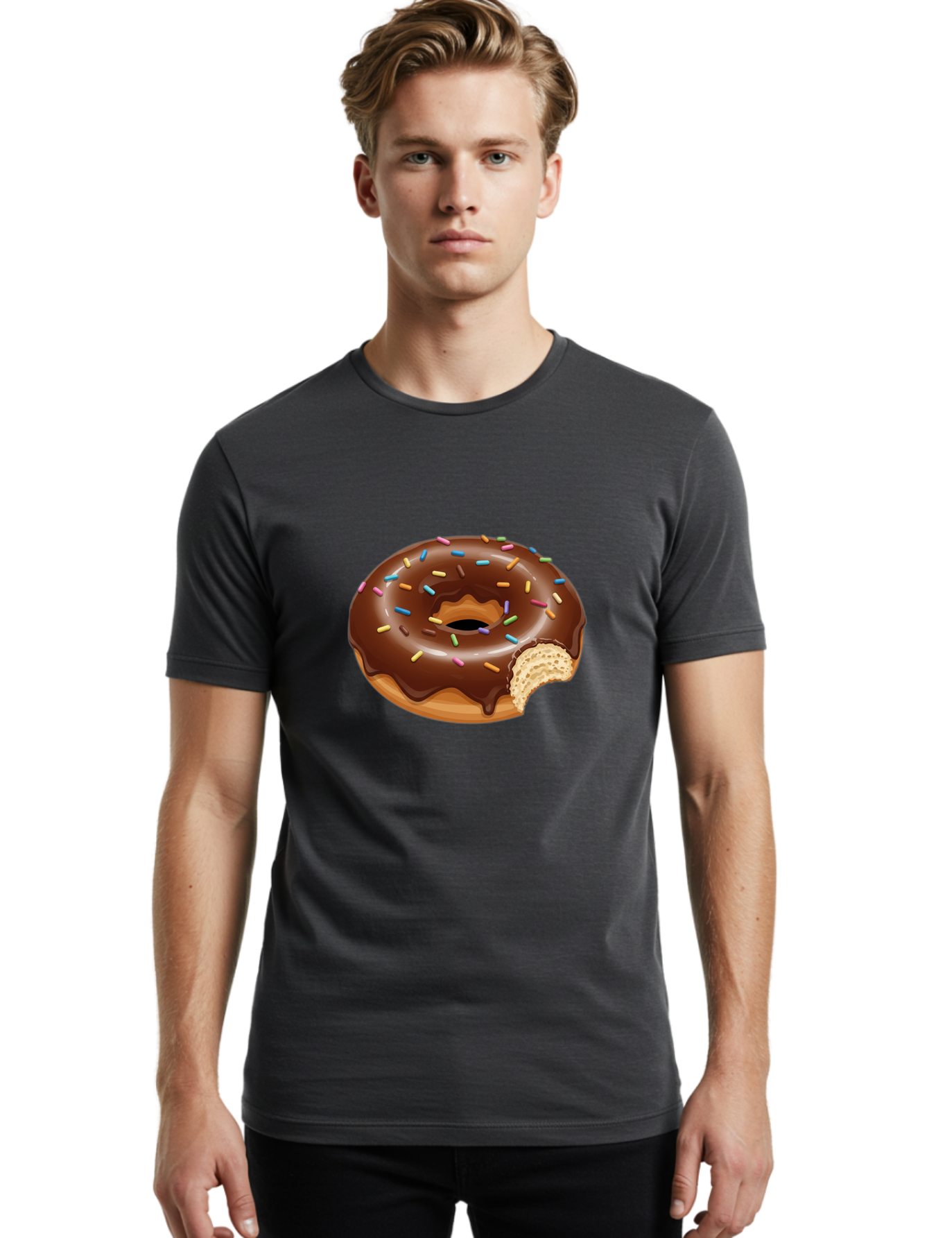 Chocolate-Donut-1 Men'S Graphic Tee, 100% Cotton, Comfortable Casual Summer Wear, Machine Washable, Chocolate Donut, Donut With Sprinkles, Bitten Donut, Sweet Treat, Dessert, Baked Goods, Colorful Sprinkles, Tasty Pastry, Delicious Donut Baa300