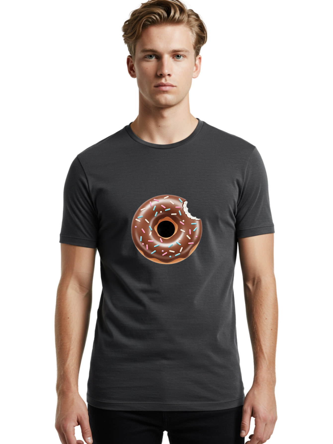 Chocolate-Donut-5 Men'S Graphic Tee, 100% Cotton, Comfortable Casual Summer Wear, Machine Washable, Chocolate Glazed Donut, Donut With Sprinkles, Bitten Donut, Sweet Treats, Baked Goods, Indulgent Desserts, Tasty Pastry, Colorful Sprinkles, Baa304