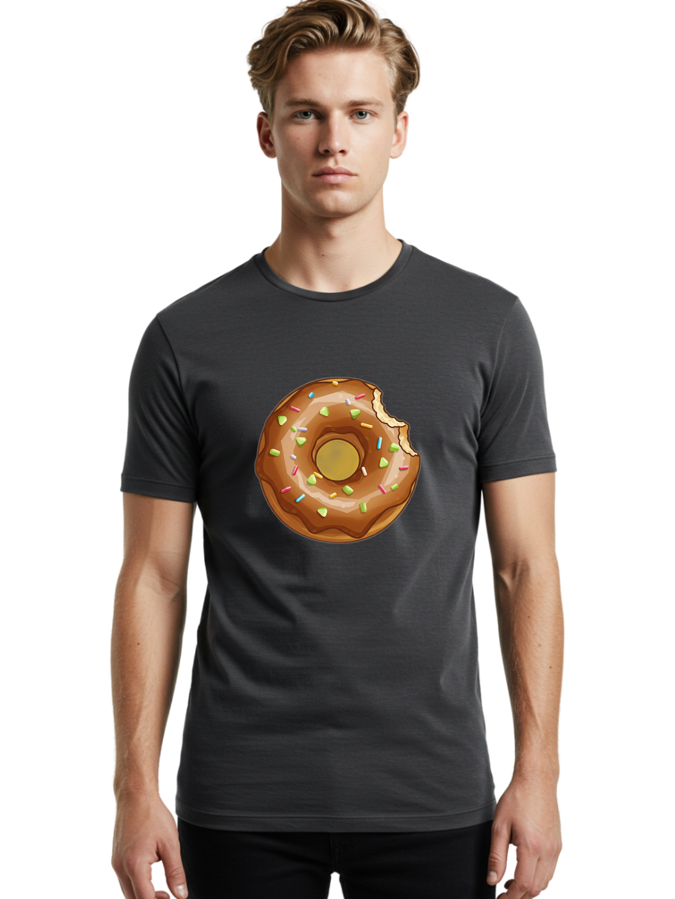 Chocolate-Donut-7 Men'S Graphic Tee, 100% Cotton, Comfortable Casual Summer Wear, Machine Washable, Chocolate Donut, Donut With Sprinkles, Bitten Donut, Glazed Donut, Colorful Sprinkles, Sweet Treats, Baked Goods, Donut Illustration, Baa306