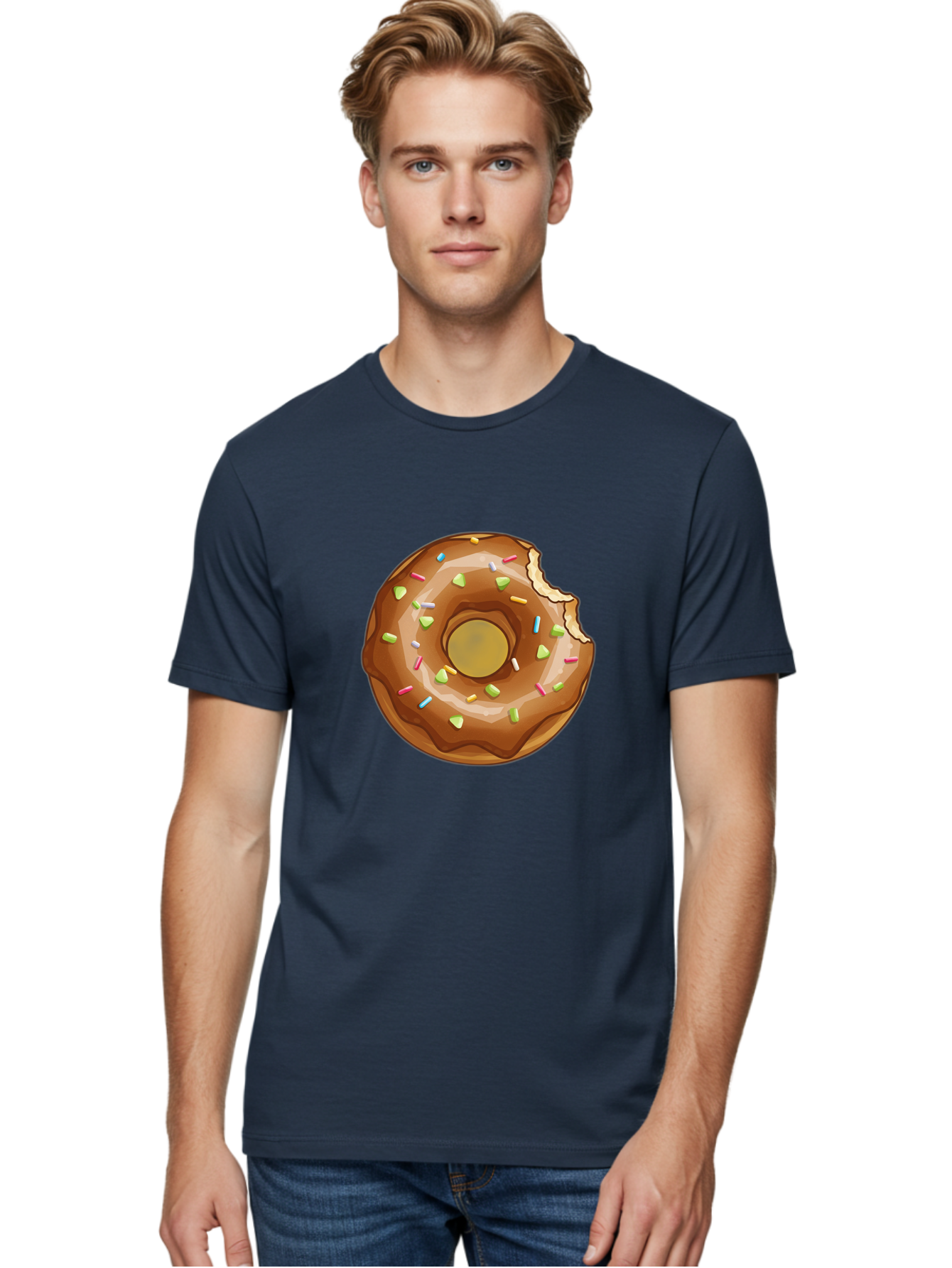 Chocolate-Donut-7 Men'S Graphic Tee, 100% Cotton, Comfortable Casual Summer Wear, Machine Washable, Chocolate Donut, Donut With Sprinkles, Bitten Donut, Glazed Donut, Colorful Sprinkles, Sweet Treats, Baked Goods, Donut Illustration, Baa306