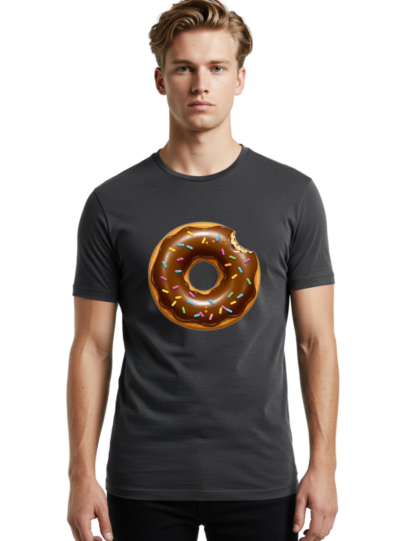 Chocolate-Donut-Sprinkles Men'S Graphic Tee, 100% Cotton, Comfortable Casual Summer Wear, Machine Washable, Chocolate Donut, Donut With Sprinkles, Bitten Donut, Sweet Treats, Baked Goods, Chocolate Glaze, Colorful Sprinkles, Tempting Dessert, Baa307