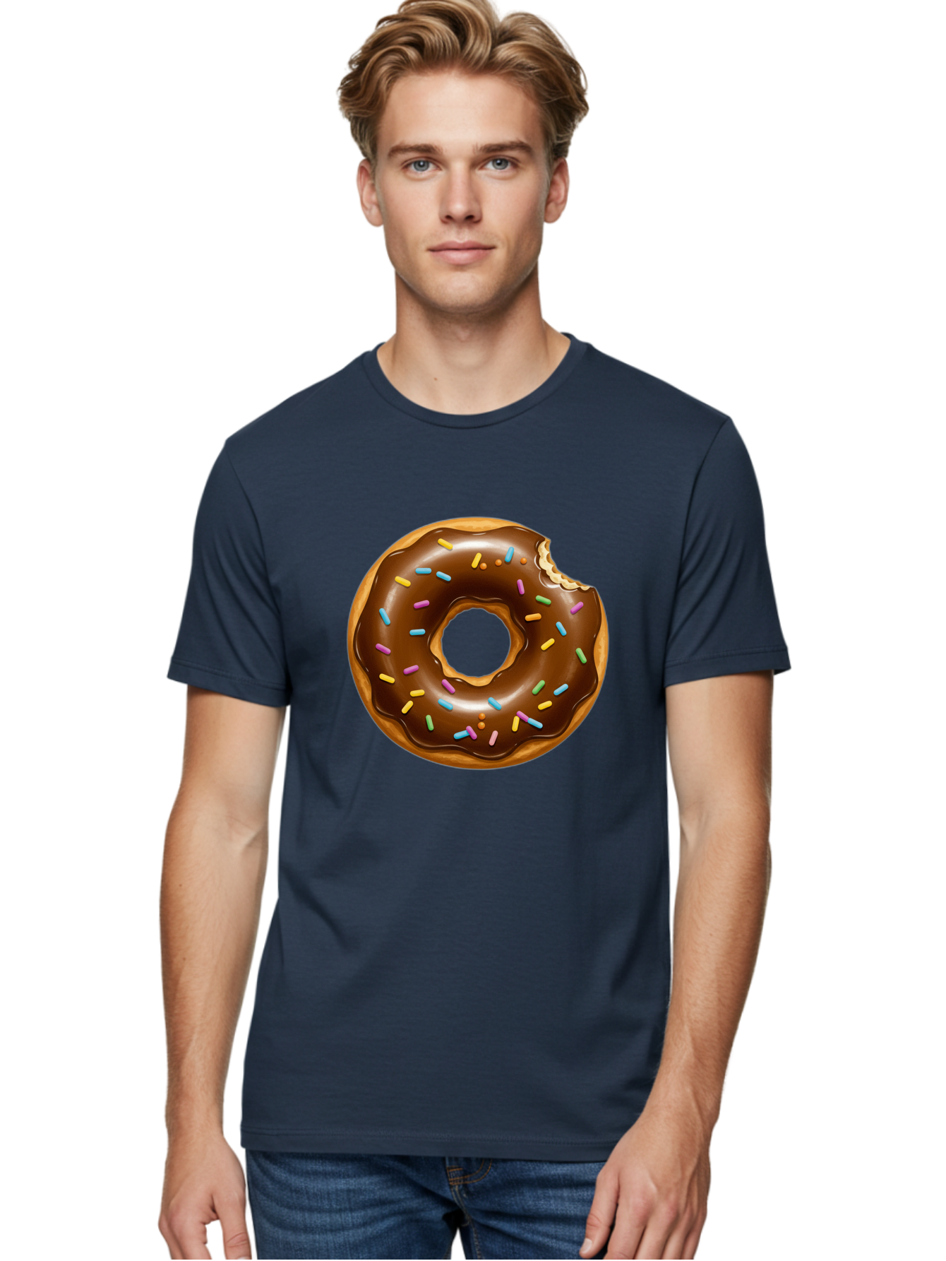 Chocolate-Donut-Sprinkles Men'S Graphic Tee, 100% Cotton, Comfortable Casual Summer Wear, Machine Washable, Chocolate Donut, Donut With Sprinkles, Bitten Donut, Sweet Treats, Baked Goods, Chocolate Glaze, Colorful Sprinkles, Tempting Dessert, Baa307