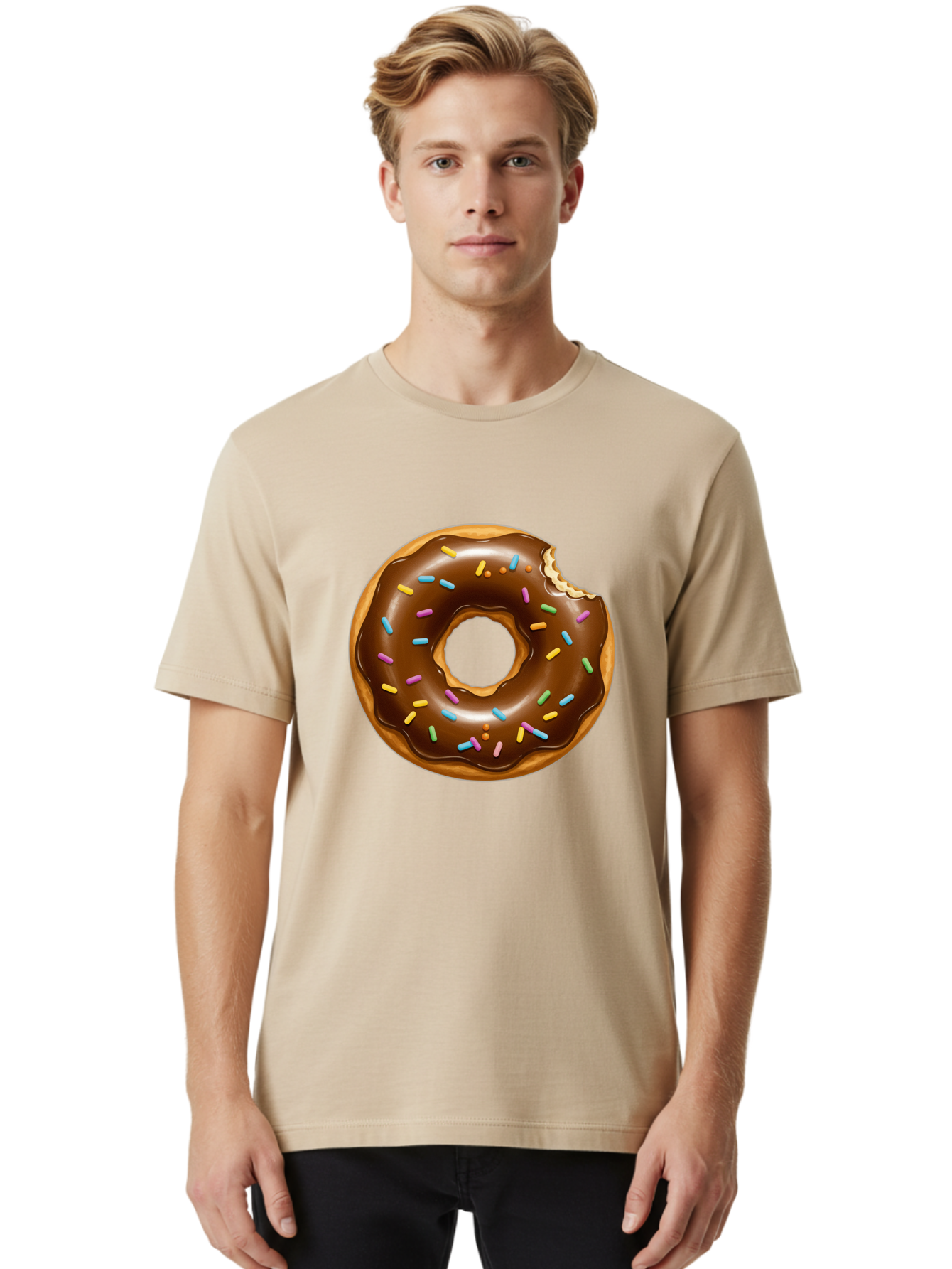 Chocolate-Donut-Sprinkles Men'S Graphic Tee, 100% Cotton, Comfortable Casual Summer Wear, Machine Washable, Chocolate Donut, Donut With Sprinkles, Bitten Donut, Sweet Treats, Baked Goods, Chocolate Glaze, Colorful Sprinkles, Tempting Dessert, Baa307