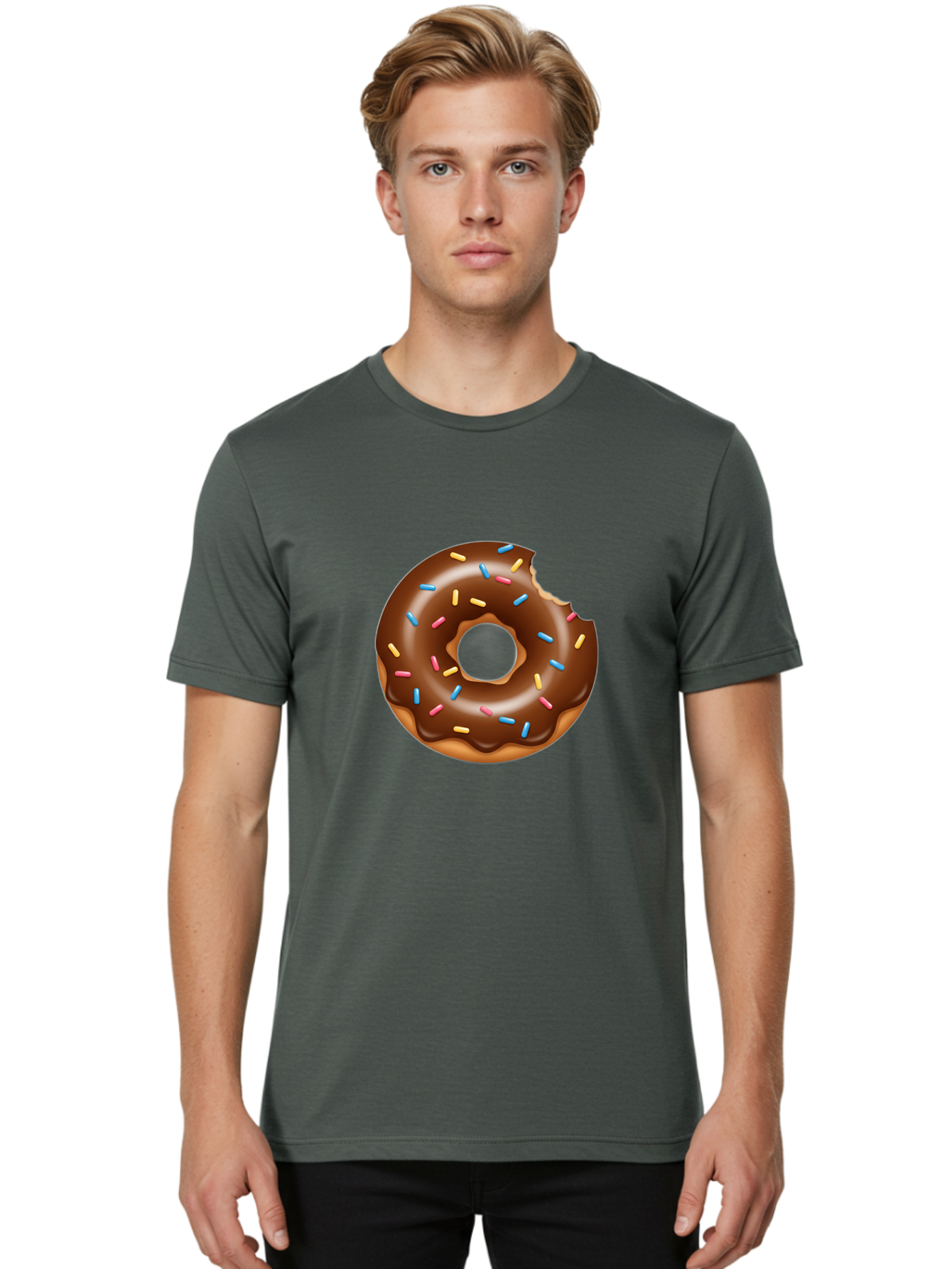Chocolate-Donut Men'S Graphic Tee, 100% Cotton, Comfortable Casual Summer Wear, Machine Washable, Chocolate Frosted Donut, Donut With Sprinkles, Bitten Donut, Sweet Treats, Dessert, Baked Goods, Tasty, Colorful Sprinkles, Indulgent Snack, Baa308