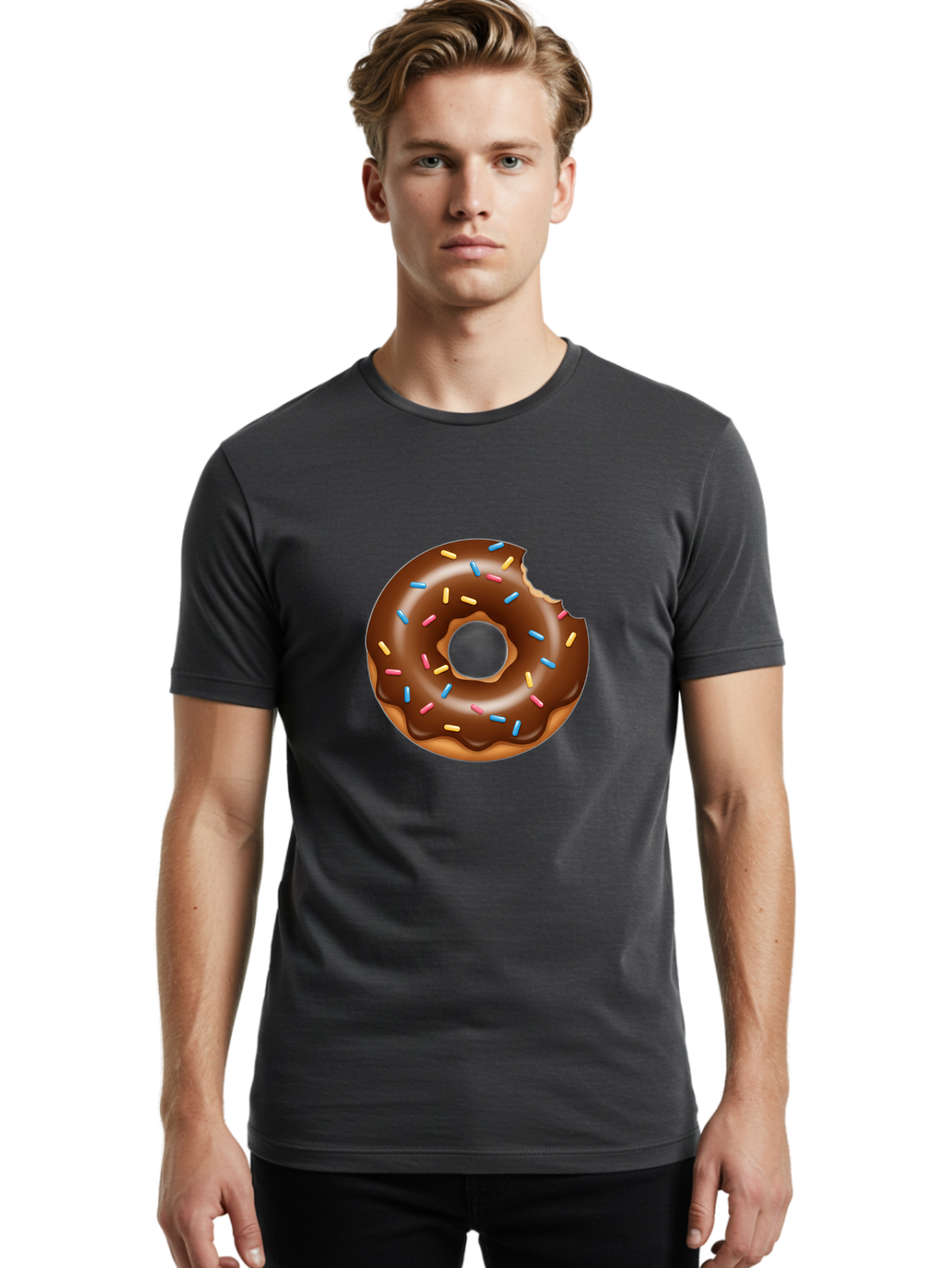 Chocolate-Donut Men'S Graphic Tee, 100% Cotton, Comfortable Casual Summer Wear, Machine Washable, Chocolate Frosted Donut, Donut With Sprinkles, Bitten Donut, Sweet Treats, Dessert, Baked Goods, Tasty, Colorful Sprinkles, Indulgent Snack, Baa308