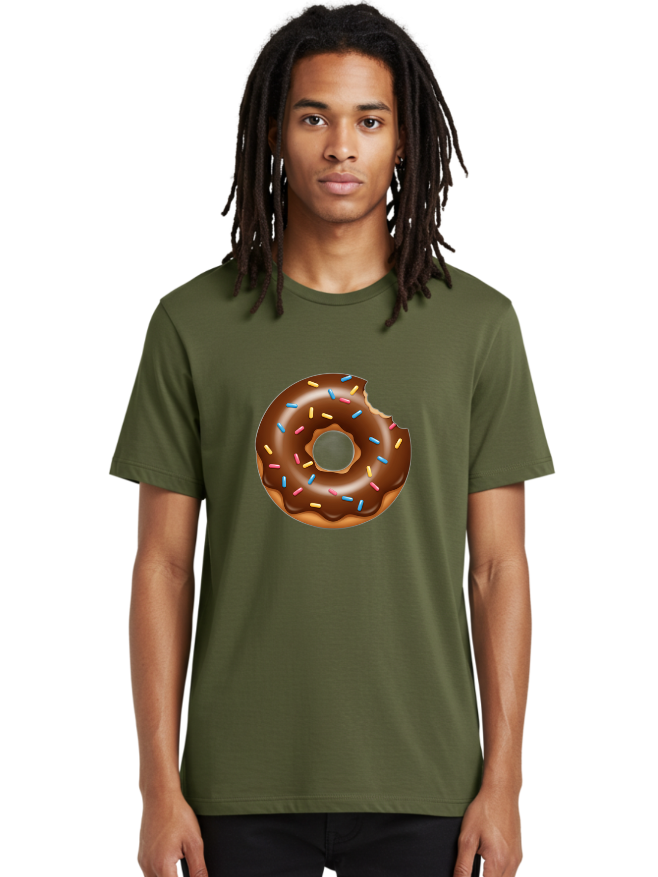 Chocolate-Donut Men'S Graphic Tee, 100% Cotton, Comfortable Casual Summer Wear, Machine Washable, Chocolate Frosted Donut, Donut With Sprinkles, Bitten Donut, Sweet Treats, Dessert, Baked Goods, Tasty, Colorful Sprinkles, Indulgent Snack, Baa308