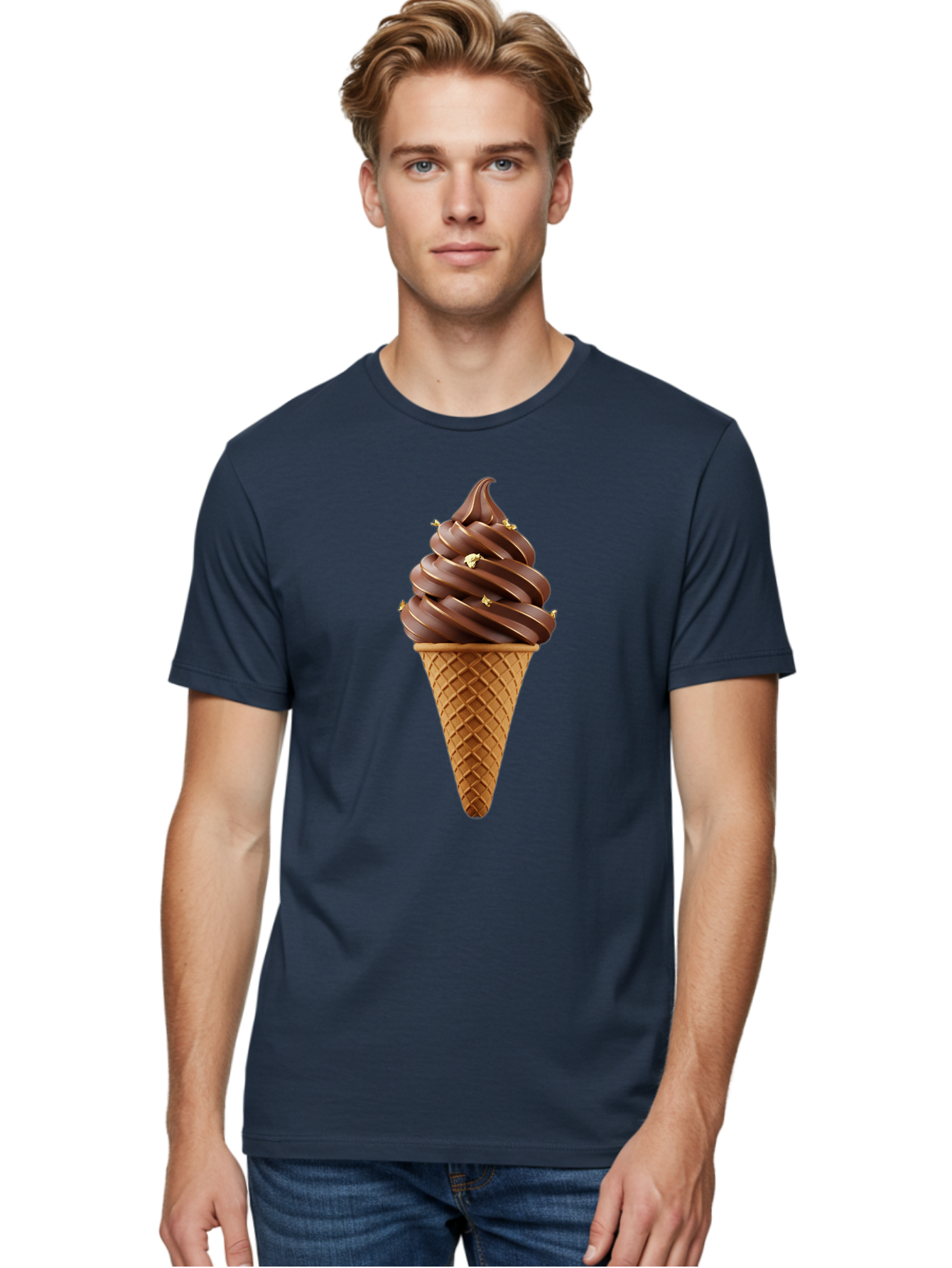 Chocolate-Ice-Cream-Cone Men'S Graphic Tee, 100% Cotton, Comfortable Casual Summer Wear, Machine Washable, Chocolate Ice Cream Cone, Chocolate Soft Serve, Edible Gold Decorations, Dessert Treats, Chocolatey Delights, Ice Cream Novelty, Baa310