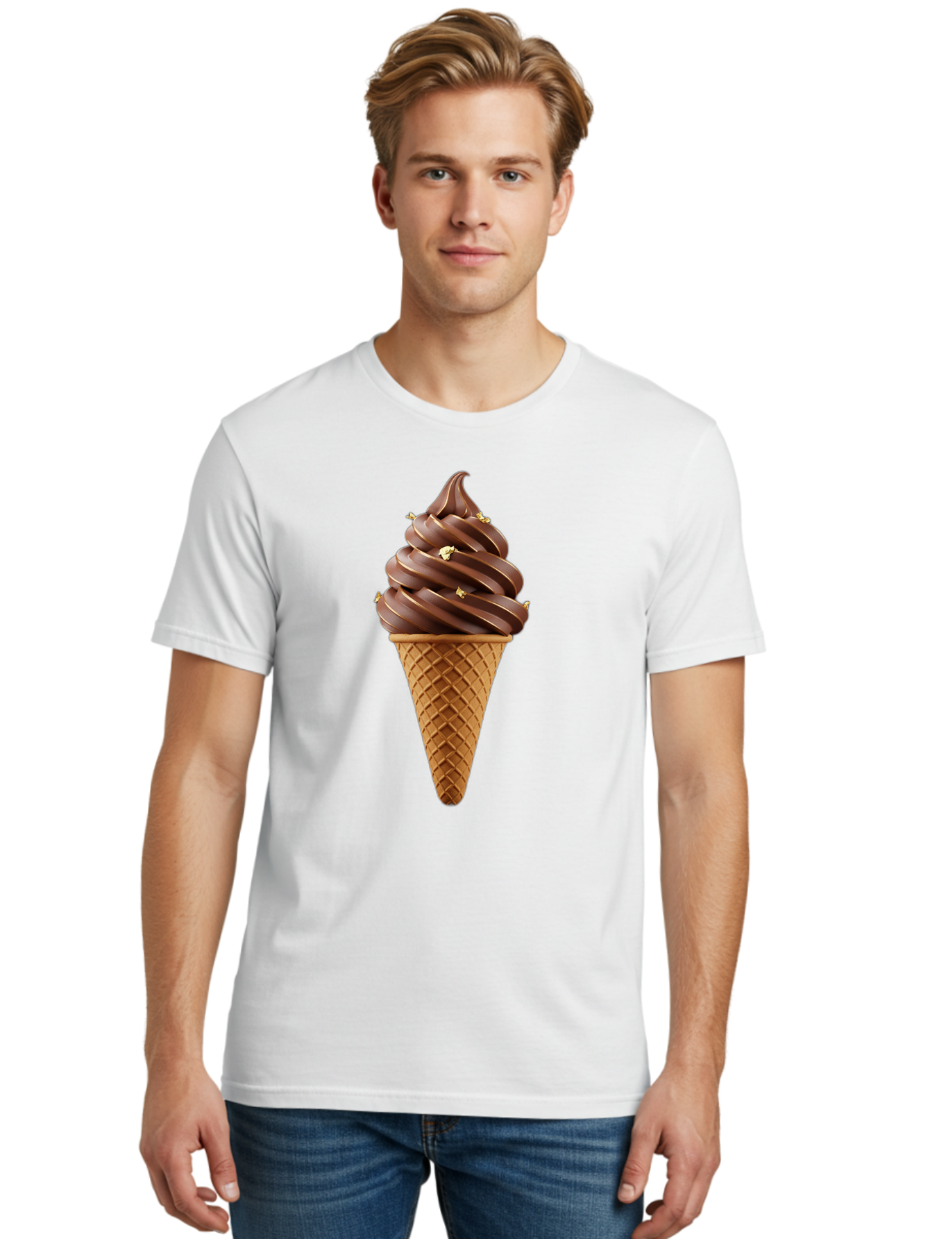 Chocolate-Ice-Cream-Cone Men'S Graphic Tee, 100% Cotton, Comfortable Casual Summer Wear, Machine Washable, Chocolate Ice Cream Cone, Chocolate Soft Serve, Edible Gold Decorations, Dessert Treats, Chocolatey Delights, Ice Cream Novelty, Baa310