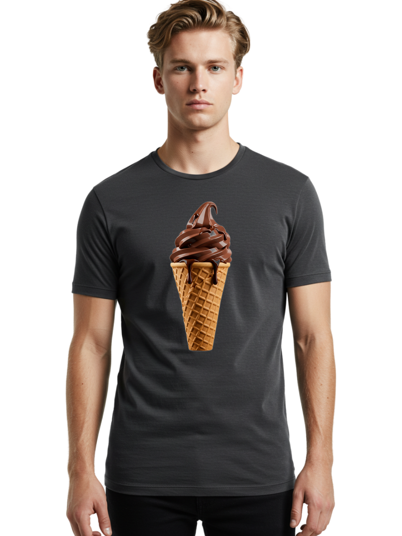 Chocolate-Ice-Cream Men'S Graphic Tee, 100% Cotton, Comfortable Casual Summer Wear, Machine Washable, Chocolate Soft Serve, Ice Cream Cone, Waffle Cone, Melted Chocolate, Sweet Treats, Dessert Ideas, Chocolate Ice Cream, Ice Cream Lovers, Baa311