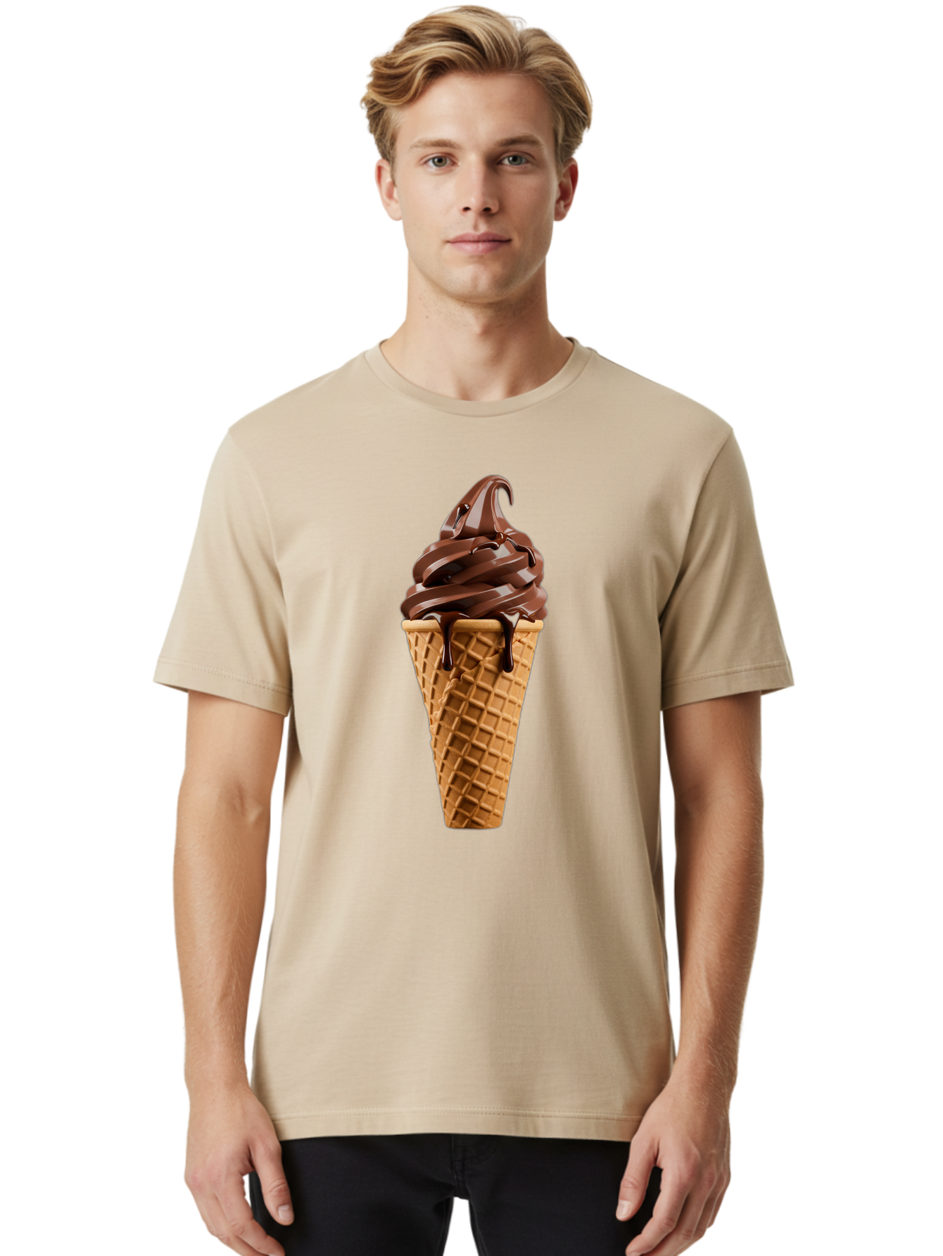 Chocolate-Ice-Cream Men'S Graphic Tee, 100% Cotton, Comfortable Casual Summer Wear, Machine Washable, Chocolate Soft Serve, Ice Cream Cone, Waffle Cone, Melted Chocolate, Sweet Treats, Dessert Ideas, Chocolate Ice Cream, Ice Cream Lovers, Baa311