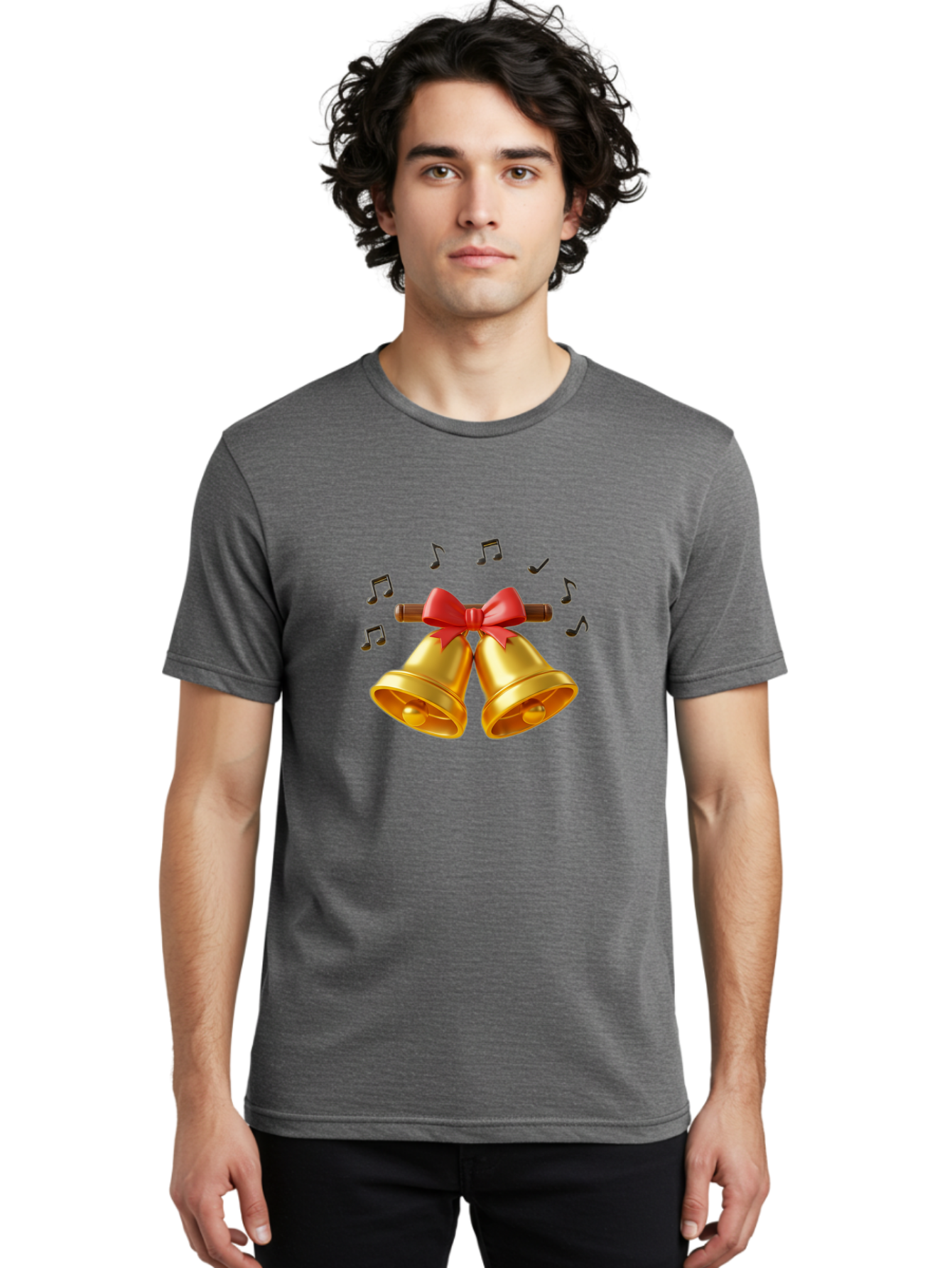 Christmas-Bells-1 Men'S Graphic Tee, 100% Cotton, Comfortable Casual Summer Wear, Machine Washable, Golden Christmas Bells, Red Bow, Festive Decor, Holiday Season, Jingling Sound, Musical Notes, Celebration, Joyful Atmosphere, Merry Christmas, Baa313