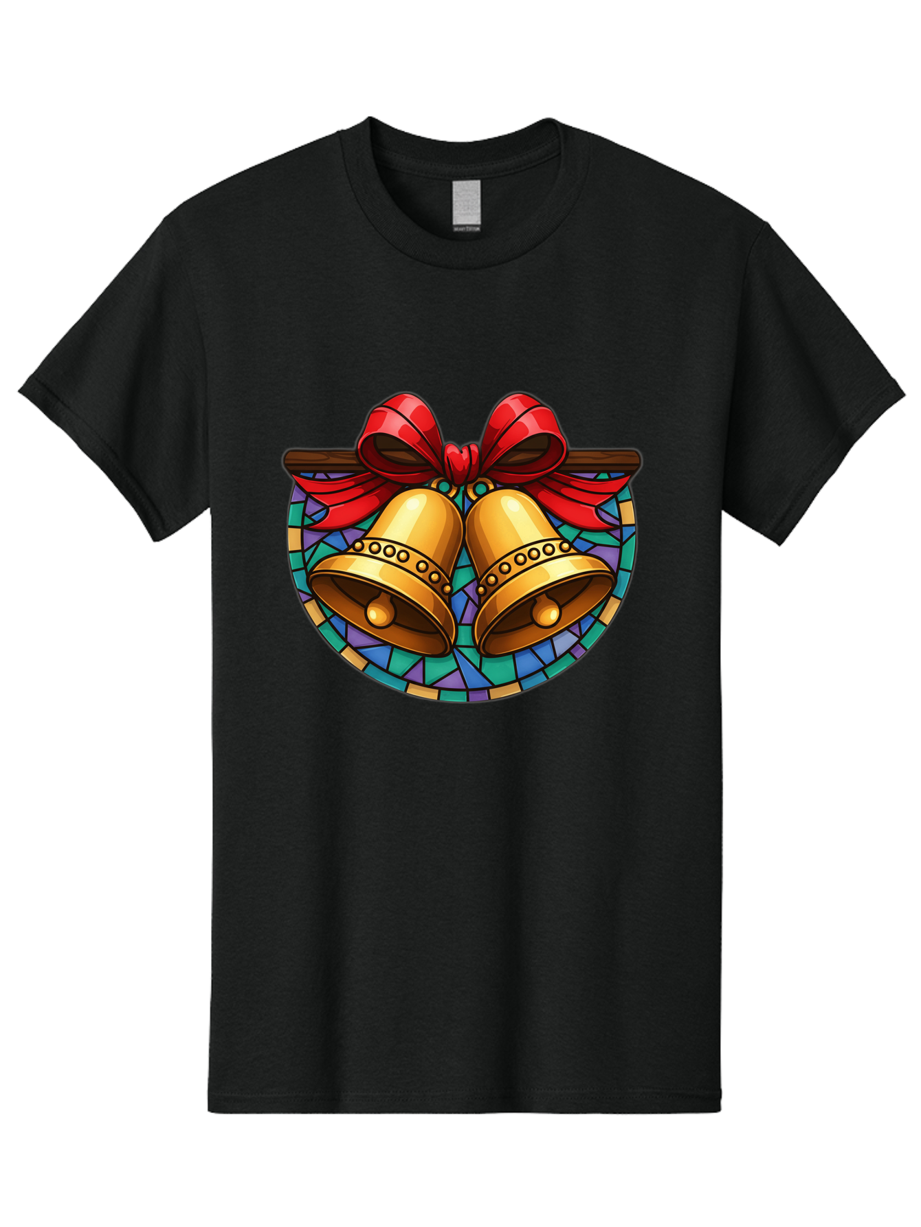 Christmas-Bells-Stained-Glass Men'S Graphic Tee, 100% Cotton, Comfortable Casual Summer Wear, Machine Washable, Golden Christmas Bells, Stained Glass, Red Ribbon, Festive Decorations, Holiday Cheer, Christmas Celebration, Vintage Style, Baa315