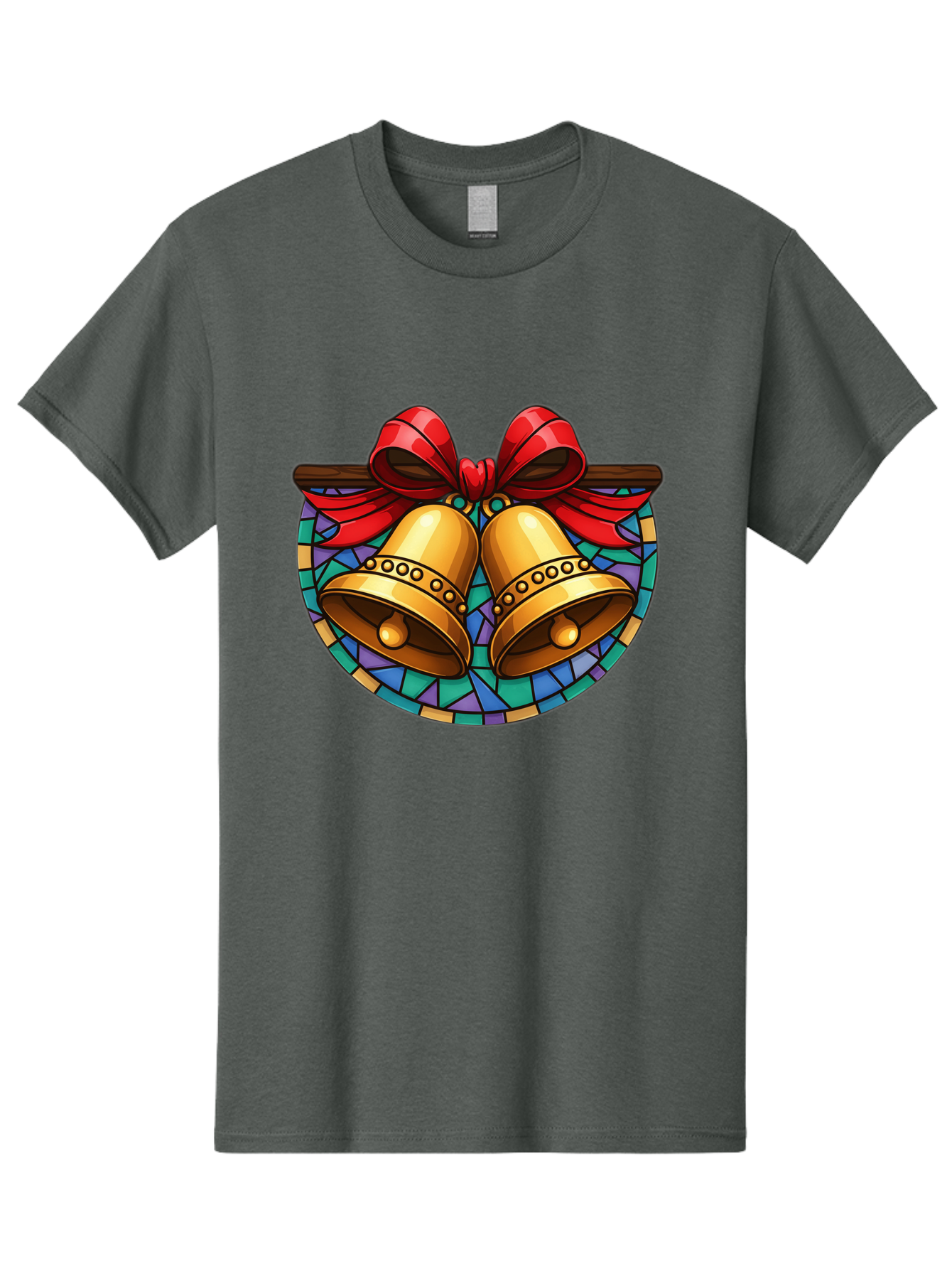 Christmas-Bells-Stained-Glass Men'S Graphic Tee, 100% Cotton, Comfortable Casual Summer Wear, Machine Washable, Golden Christmas Bells, Stained Glass, Red Ribbon, Festive Decorations, Holiday Cheer, Christmas Celebration, Vintage Style, Baa315
