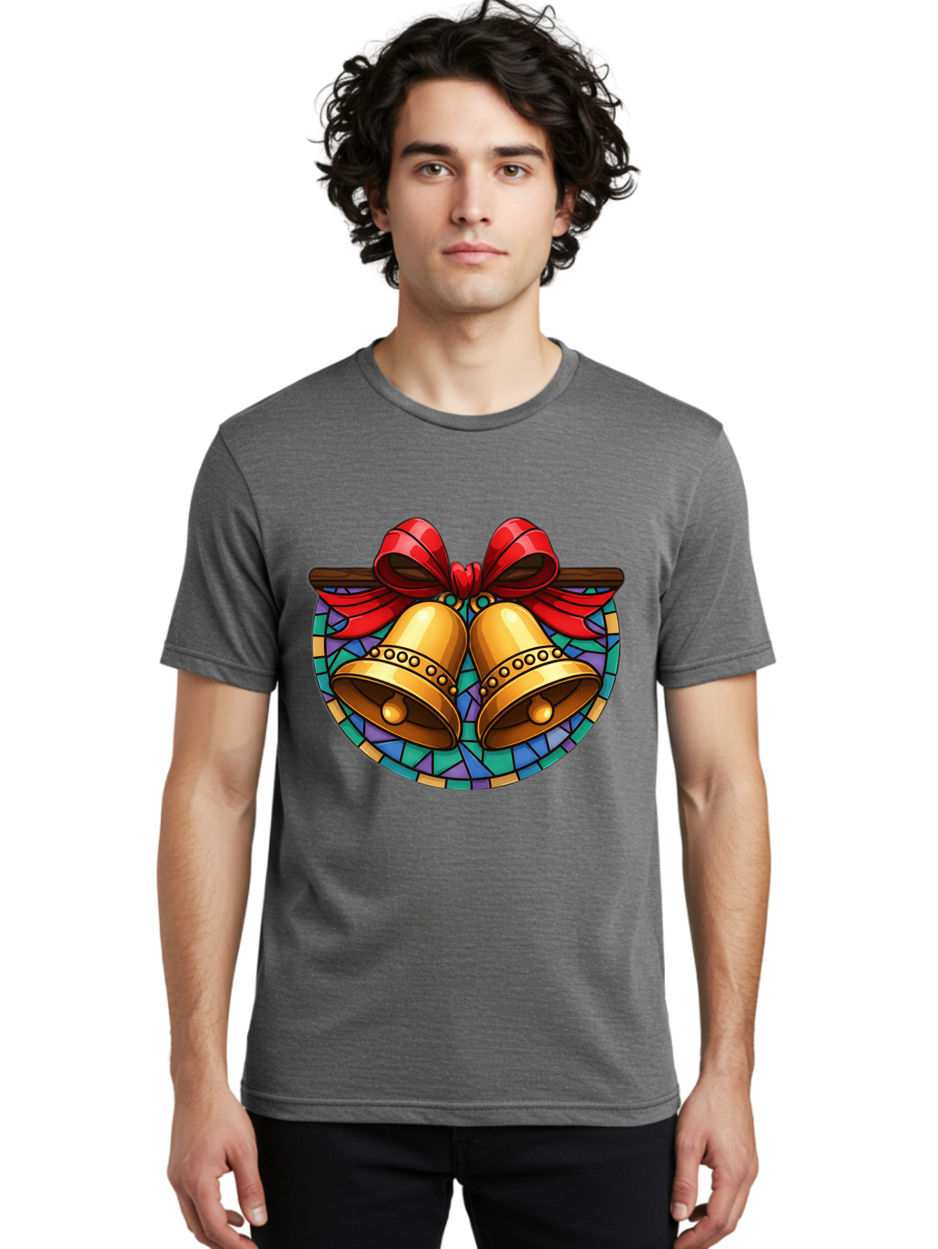Christmas-Bells-Stained-Glass Men'S Graphic Tee, 100% Cotton, Comfortable Casual Summer Wear, Machine Washable, Golden Christmas Bells, Stained Glass, Red Ribbon, Festive Decorations, Holiday Cheer, Christmas Celebration, Vintage Style, Baa315