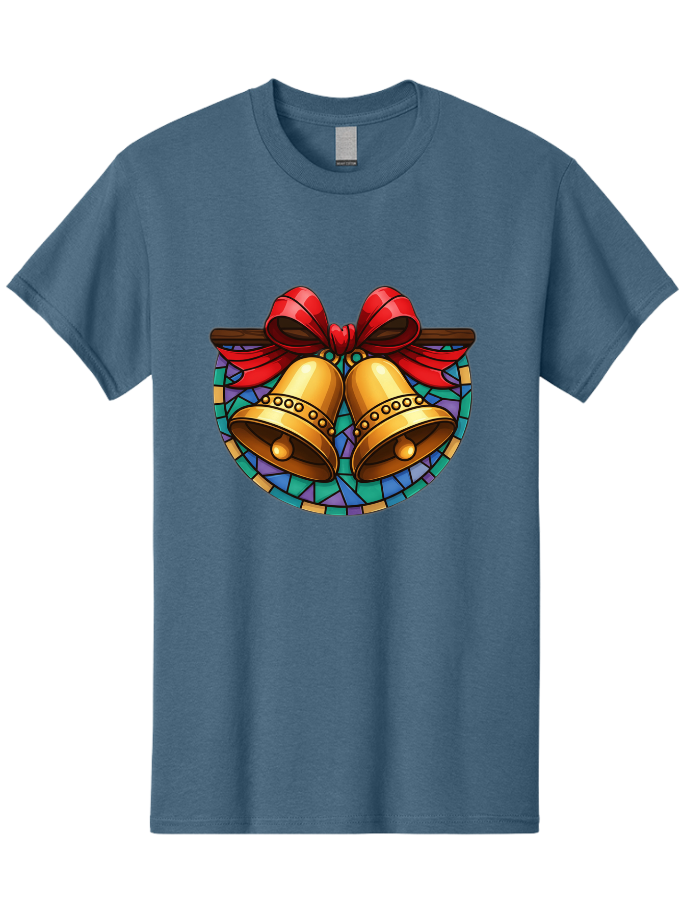 Christmas-Bells-Stained-Glass Men'S Graphic Tee, 100% Cotton, Comfortable Casual Summer Wear, Machine Washable, Golden Christmas Bells, Stained Glass, Red Ribbon, Festive Decorations, Holiday Cheer, Christmas Celebration, Vintage Style, Baa315