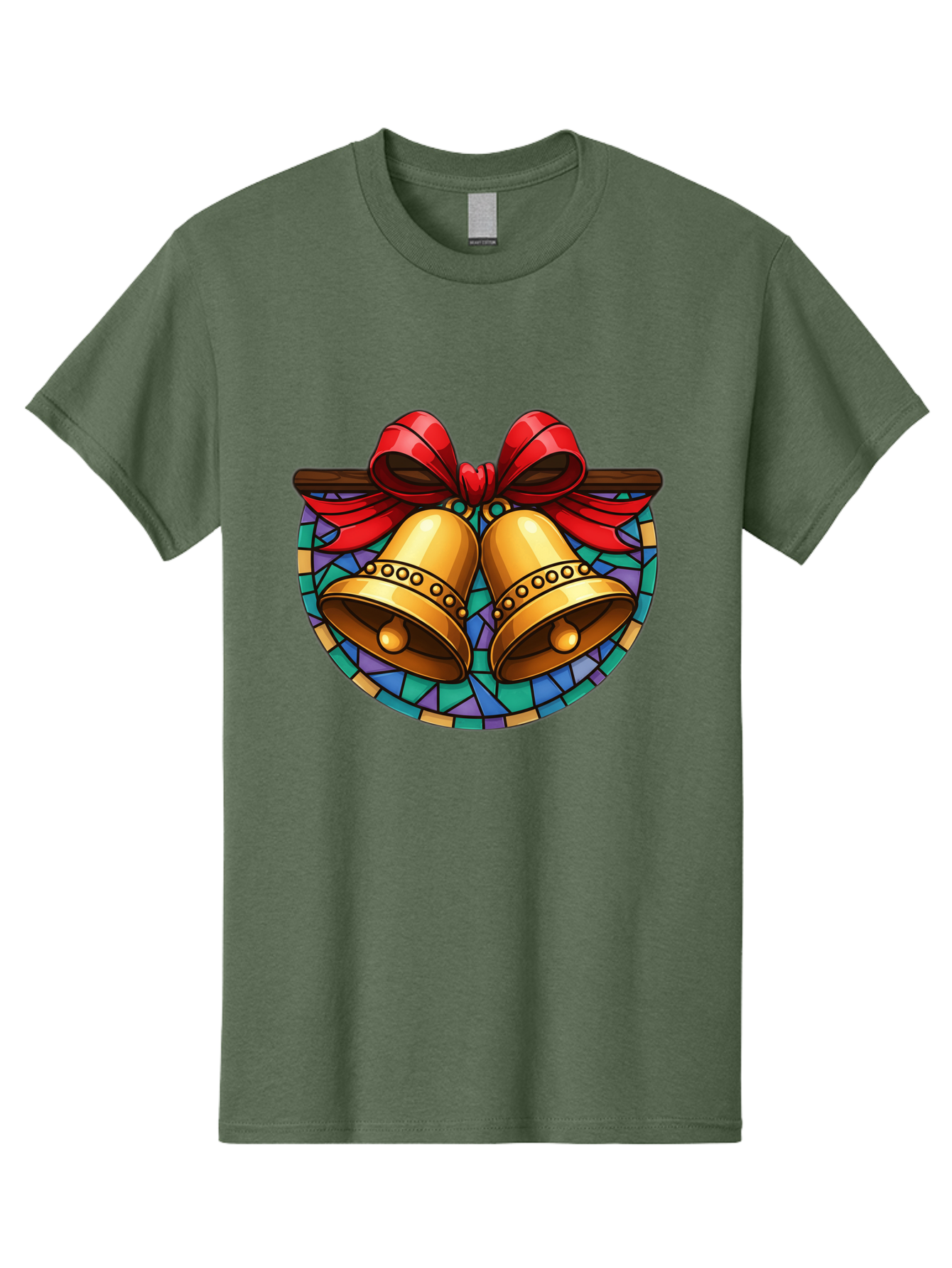 Christmas-Bells-Stained-Glass Men'S Graphic Tee, 100% Cotton, Comfortable Casual Summer Wear, Machine Washable, Golden Christmas Bells, Stained Glass, Red Ribbon, Festive Decorations, Holiday Cheer, Christmas Celebration, Vintage Style, Baa315