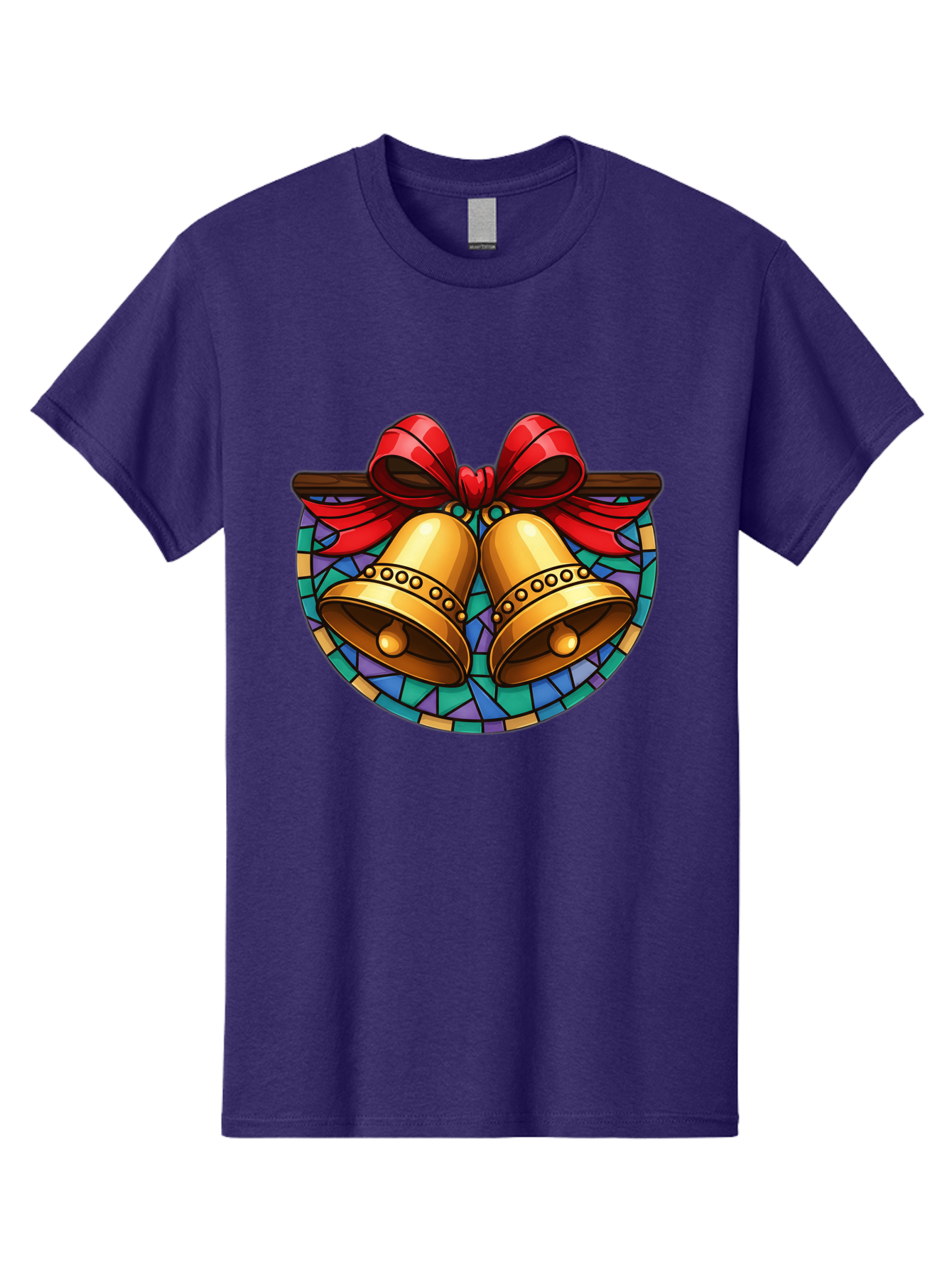 Christmas-Bells-Stained-Glass Men'S Graphic Tee, 100% Cotton, Comfortable Casual Summer Wear, Machine Washable, Golden Christmas Bells, Stained Glass, Red Ribbon, Festive Decorations, Holiday Cheer, Christmas Celebration, Vintage Style, Baa315