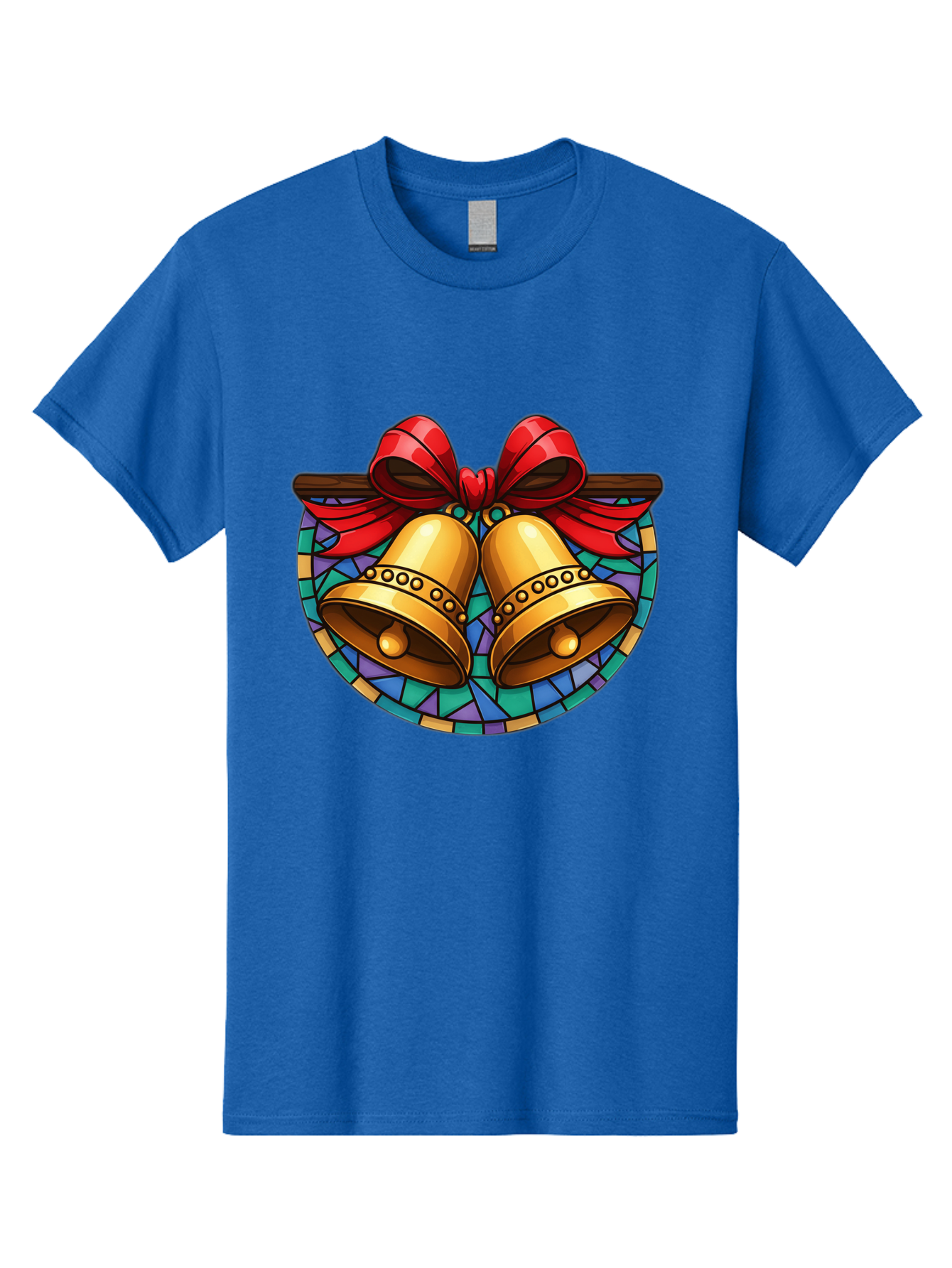 Christmas-Bells-Stained-Glass Men'S Graphic Tee, 100% Cotton, Comfortable Casual Summer Wear, Machine Washable, Golden Christmas Bells, Stained Glass, Red Ribbon, Festive Decorations, Holiday Cheer, Christmas Celebration, Vintage Style, Baa315
