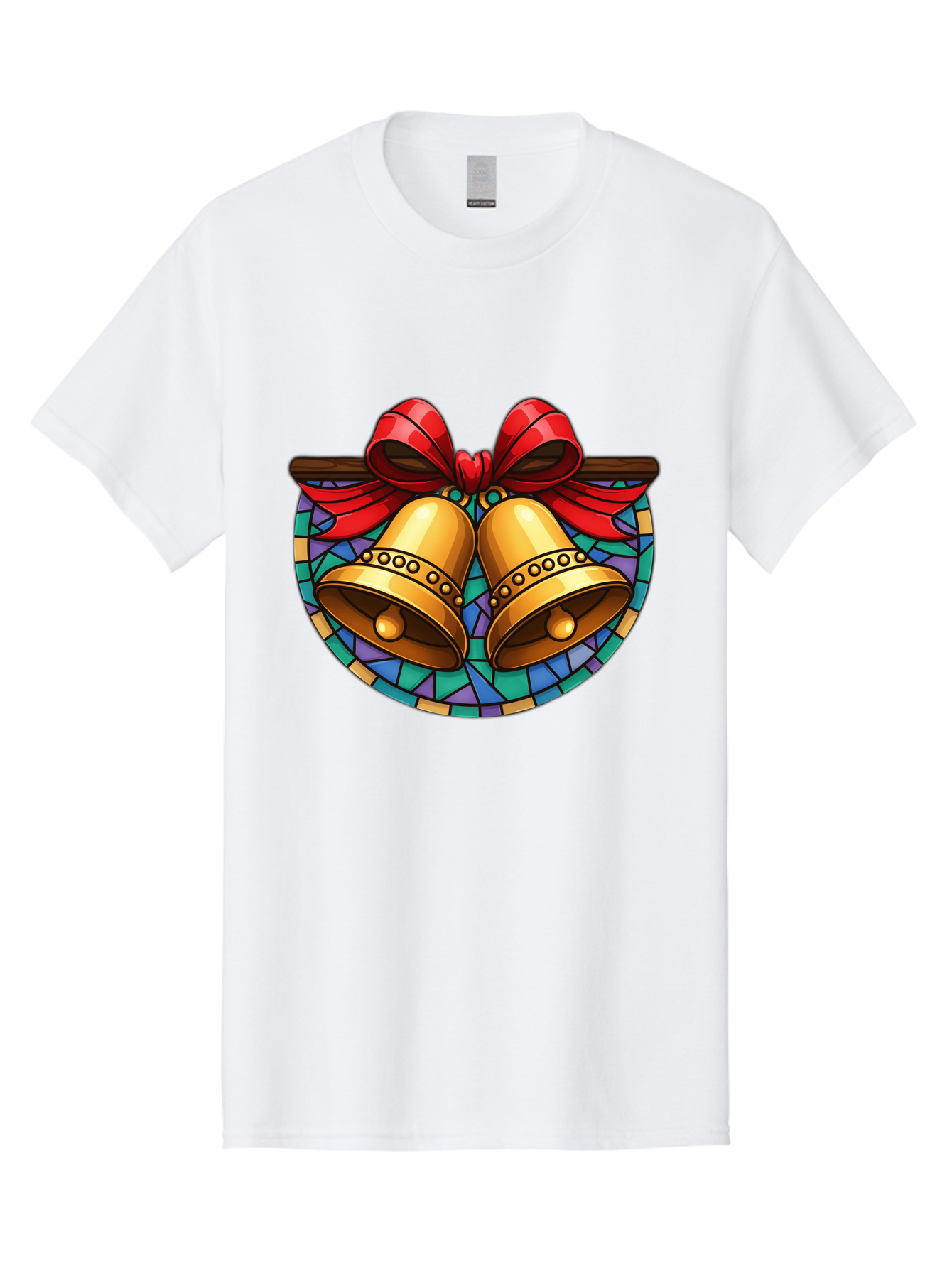 Christmas-Bells-Stained-Glass Men'S Graphic Tee, 100% Cotton, Comfortable Casual Summer Wear, Machine Washable, Golden Christmas Bells, Stained Glass, Red Ribbon, Festive Decorations, Holiday Cheer, Christmas Celebration, Vintage Style, Baa315