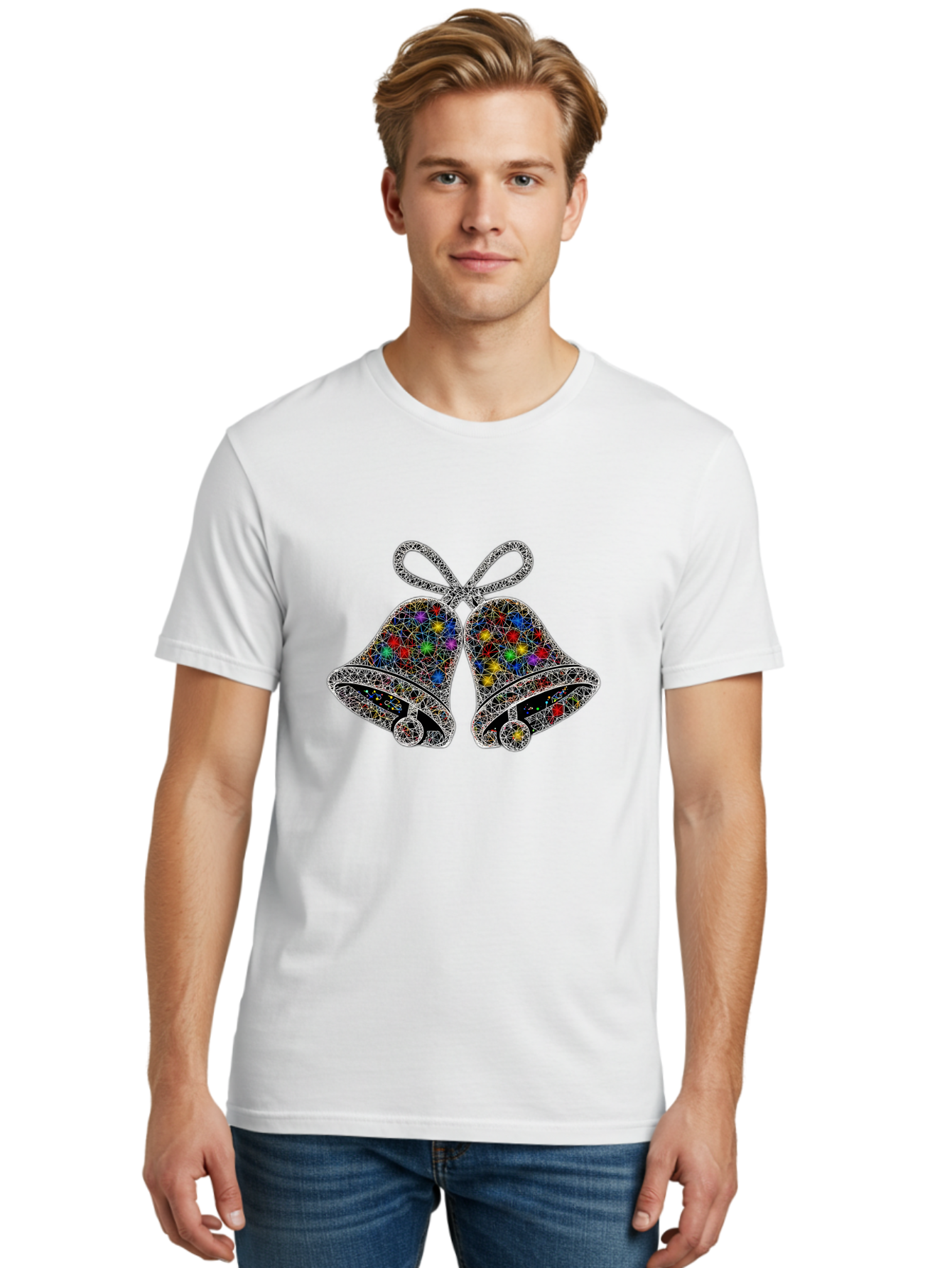 Christmas-Bells Men'S Graphic Tee, 100% Cotton, Comfortable Casual Summer Wear, Machine Washable, Holiday Bells, Colorful Jewels, Festive Decorations, Christmas Symbols, Shiny Ornaments, Celebratory Icons, Sparkling Decorations, Festive Cheer Baa316