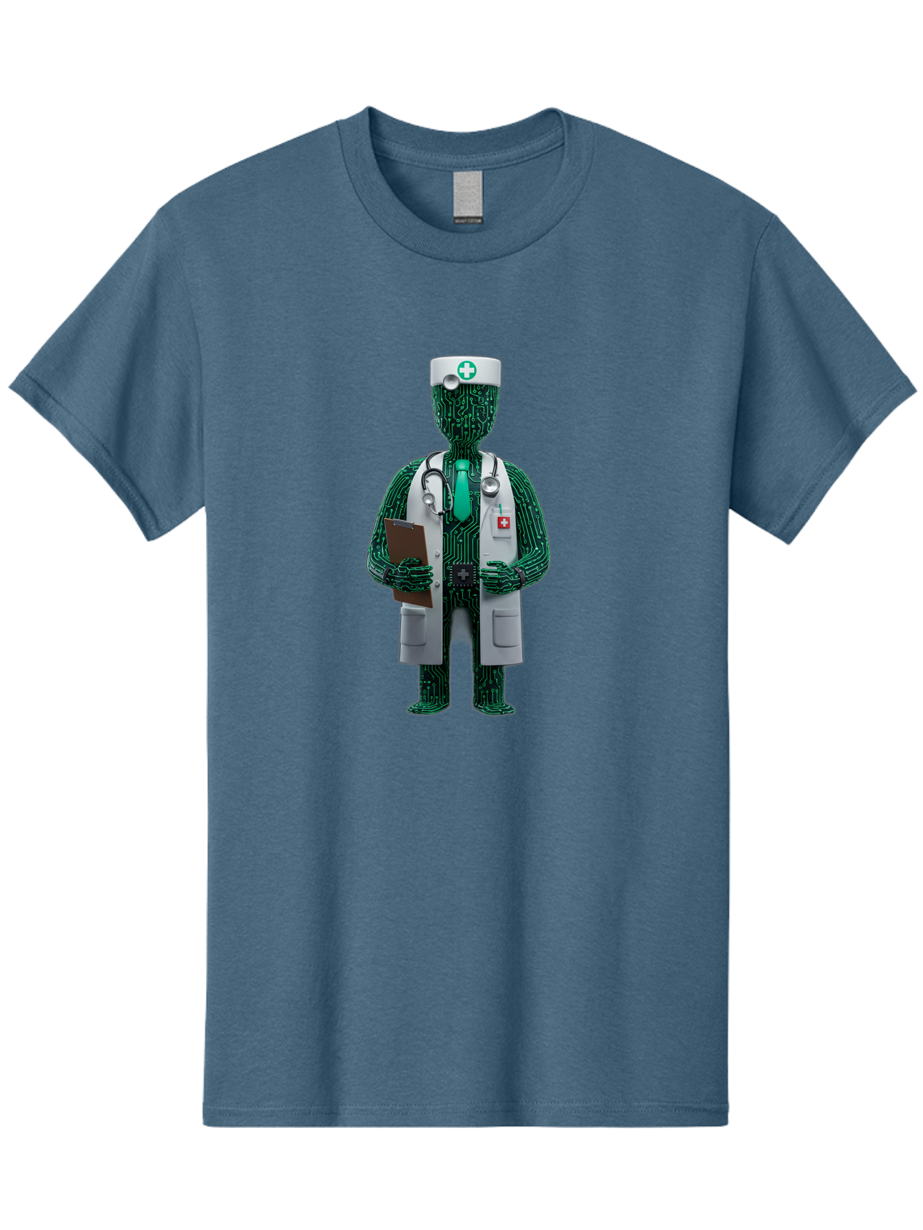 Circuit-Doctor Men'S Graphic Tee, 100% Cotton, Comfortable Casual Summer Wear, Machine Washable, Circuit Board Humanoid Doctor, Medical Professional, Stethoscope Around Neck, Clipboard In Hand, White Lab Coat, Red Cross Emblem, Baa320