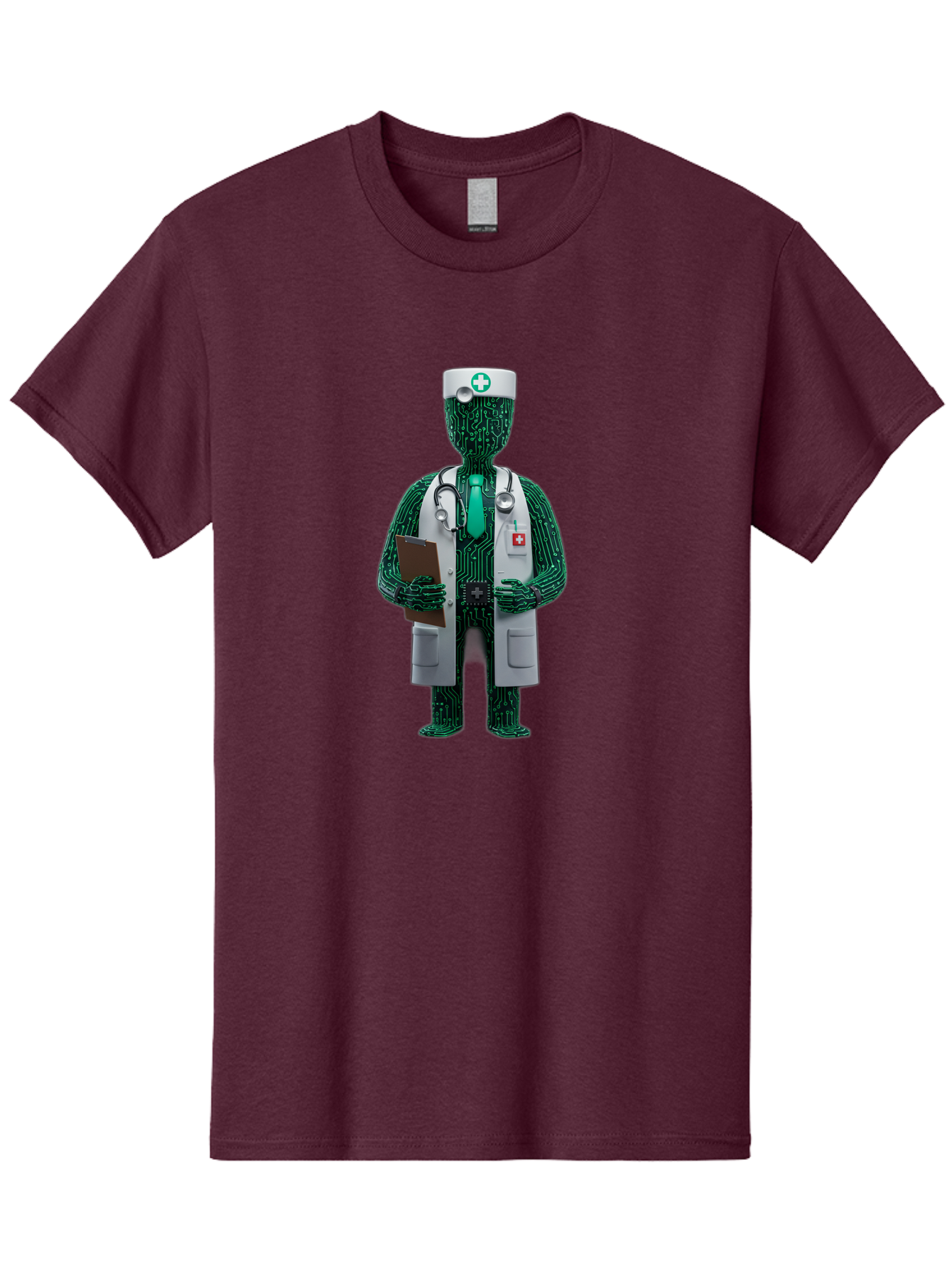 Circuit-Doctor Men'S Graphic Tee, 100% Cotton, Comfortable Casual Summer Wear, Machine Washable, Circuit Board Humanoid Doctor, Medical Professional, Stethoscope Around Neck, Clipboard In Hand, White Lab Coat, Red Cross Emblem, Baa320