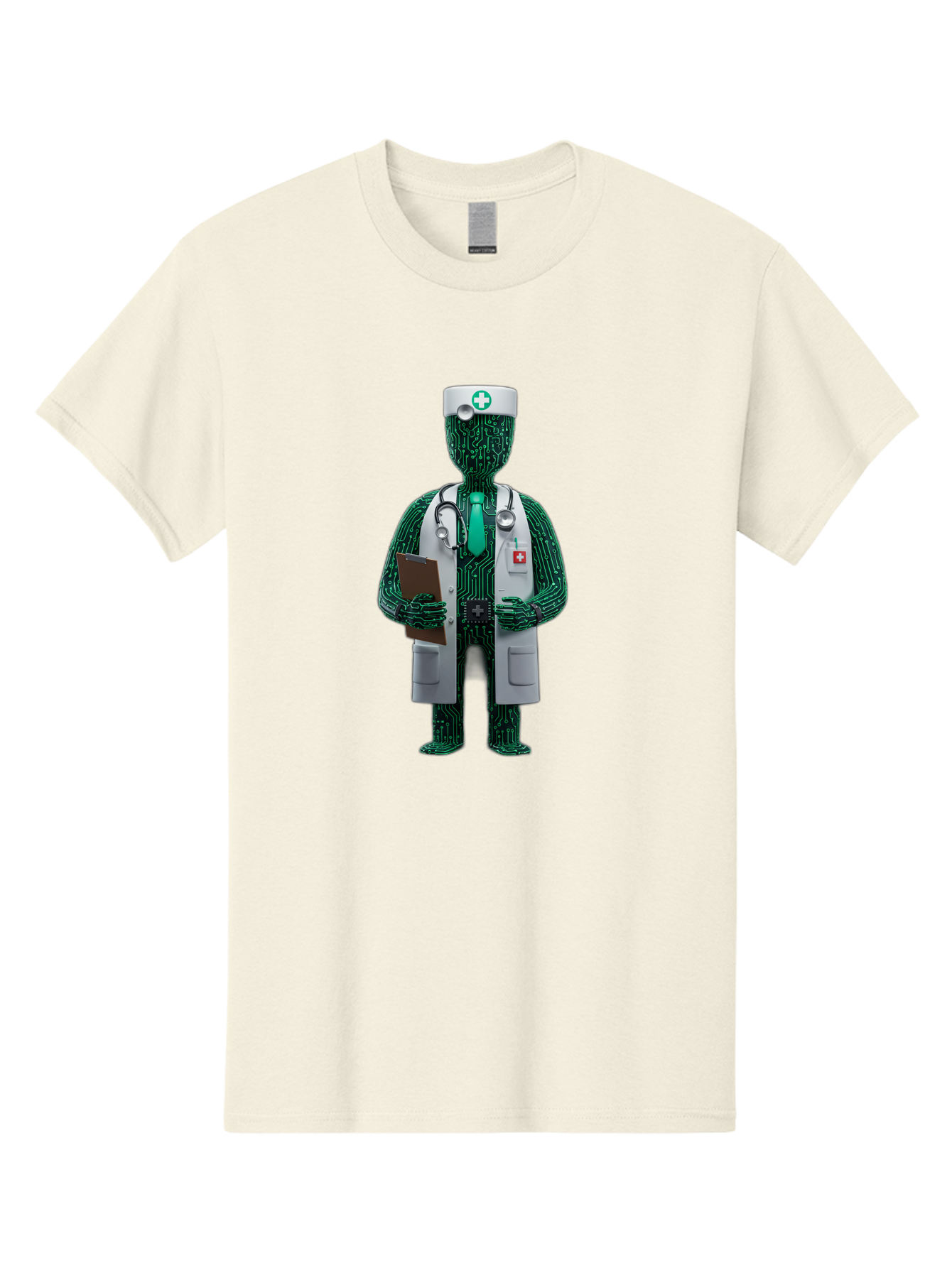 Circuit-Doctor Men'S Graphic Tee, 100% Cotton, Comfortable Casual Summer Wear, Machine Washable, Circuit Board Humanoid Doctor, Medical Professional, Stethoscope Around Neck, Clipboard In Hand, White Lab Coat, Red Cross Emblem, Baa320
