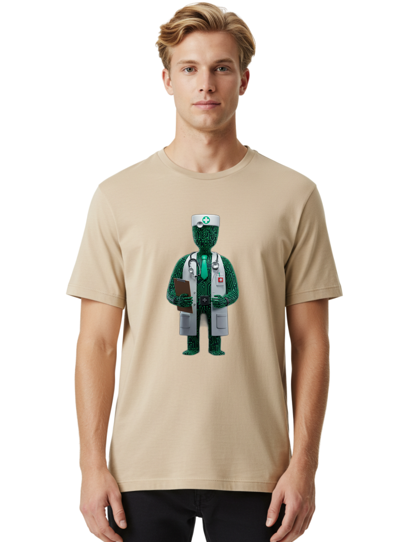 Circuit-Doctor Men'S Graphic Tee, 100% Cotton, Comfortable Casual Summer Wear, Machine Washable, Circuit Board Humanoid Doctor, Medical Professional, Stethoscope Around Neck, Clipboard In Hand, White Lab Coat, Red Cross Emblem, Baa320