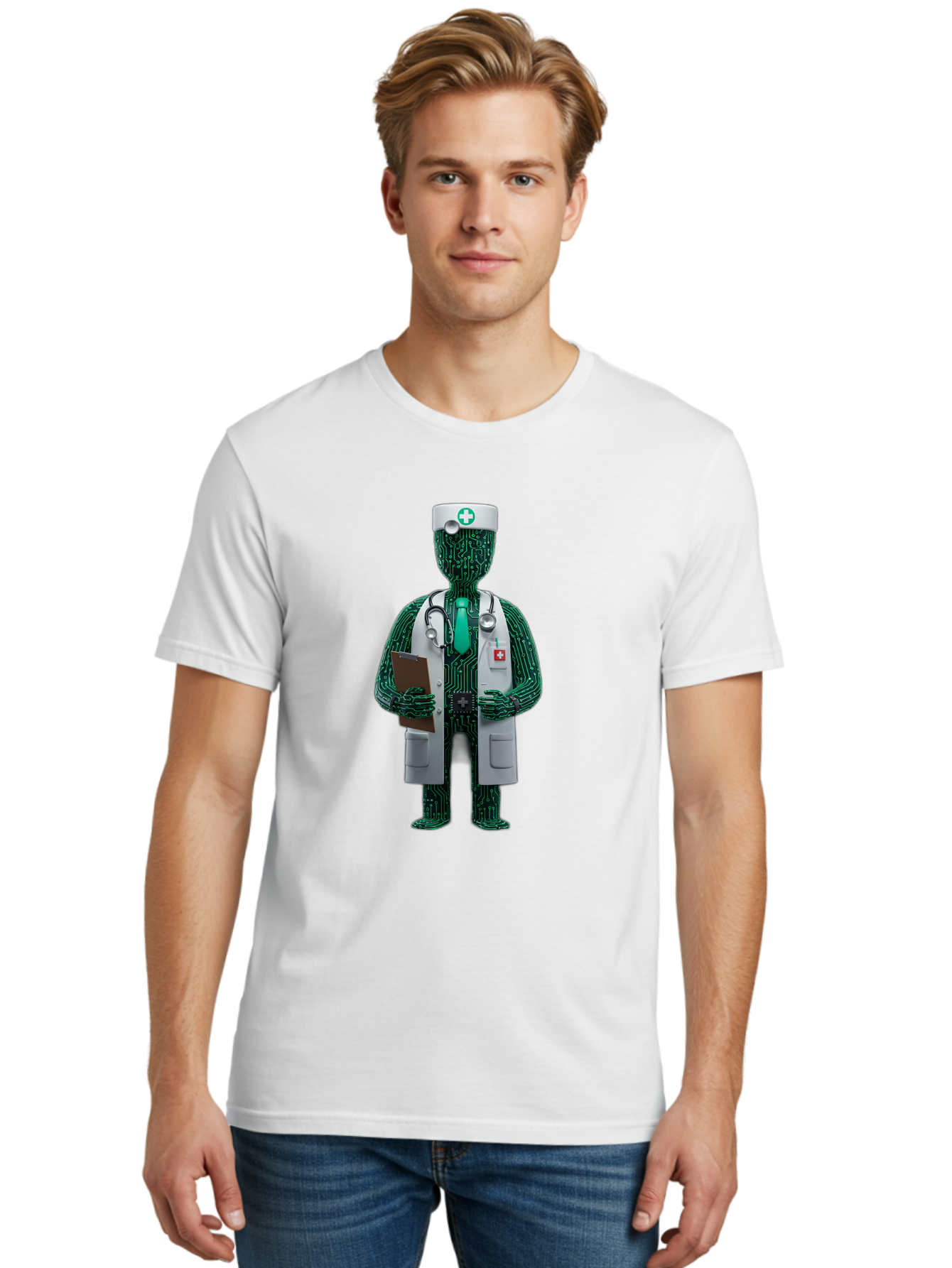 Circuit-Doctor Men'S Graphic Tee, 100% Cotton, Comfortable Casual Summer Wear, Machine Washable, Circuit Board Humanoid Doctor, Medical Professional, Stethoscope Around Neck, Clipboard In Hand, White Lab Coat, Red Cross Emblem, Baa320